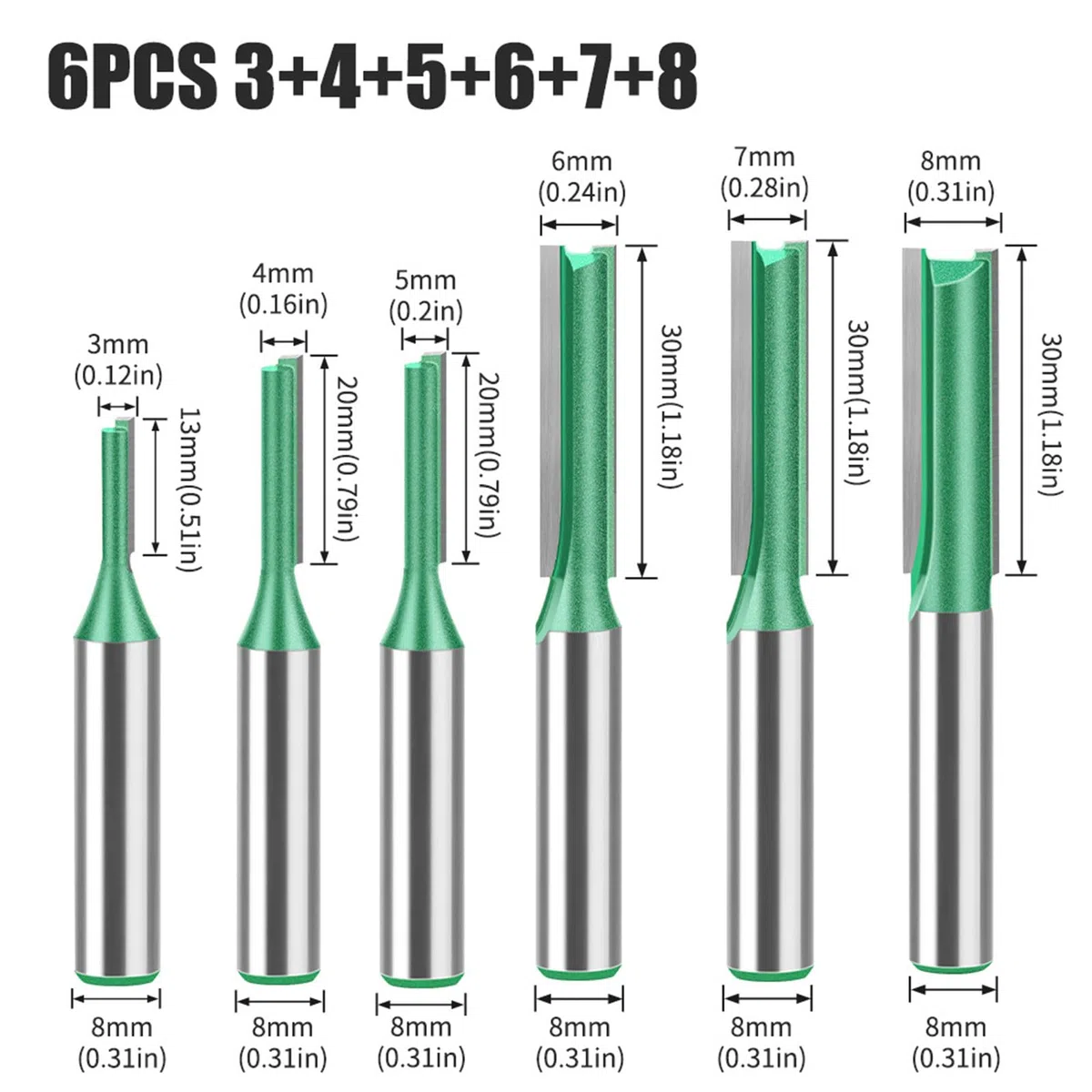 6 Pezzi Frese per Legno, Set Fresa per Legno per Diverse Tacche di Profondità Diametro 3 mm, 4 mm, 5 mm, 6 mm, 7 mm, 8 mm Set di Frese