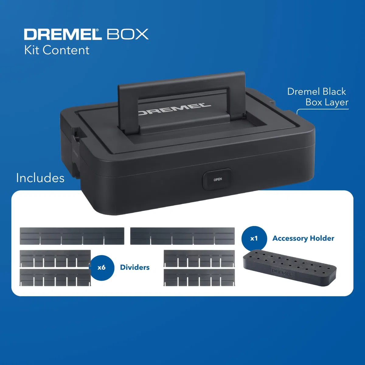 Dremel Black Box Porta Utensili con 6 divisori, supporto accessori organizer fai-da-te personalizzabile per accessori per utensili rotativi, piccoli utensili sistema di stoccaggio compatto, impilabile