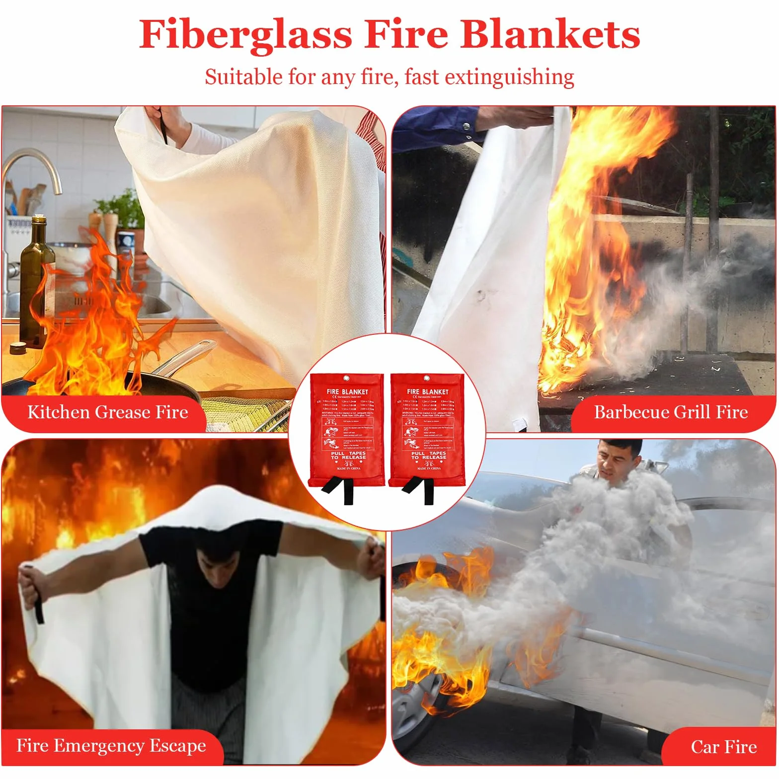 2 Pezzi Coperta Antincendio per Cucina Casa Emergenza 1m x 1m, Coperta Antincendio in Fibra di vetro, Antifiamma Coperta di Sicurezza Ignifuga per Cucina, Camino, Barbecue, Auto, Campeggio