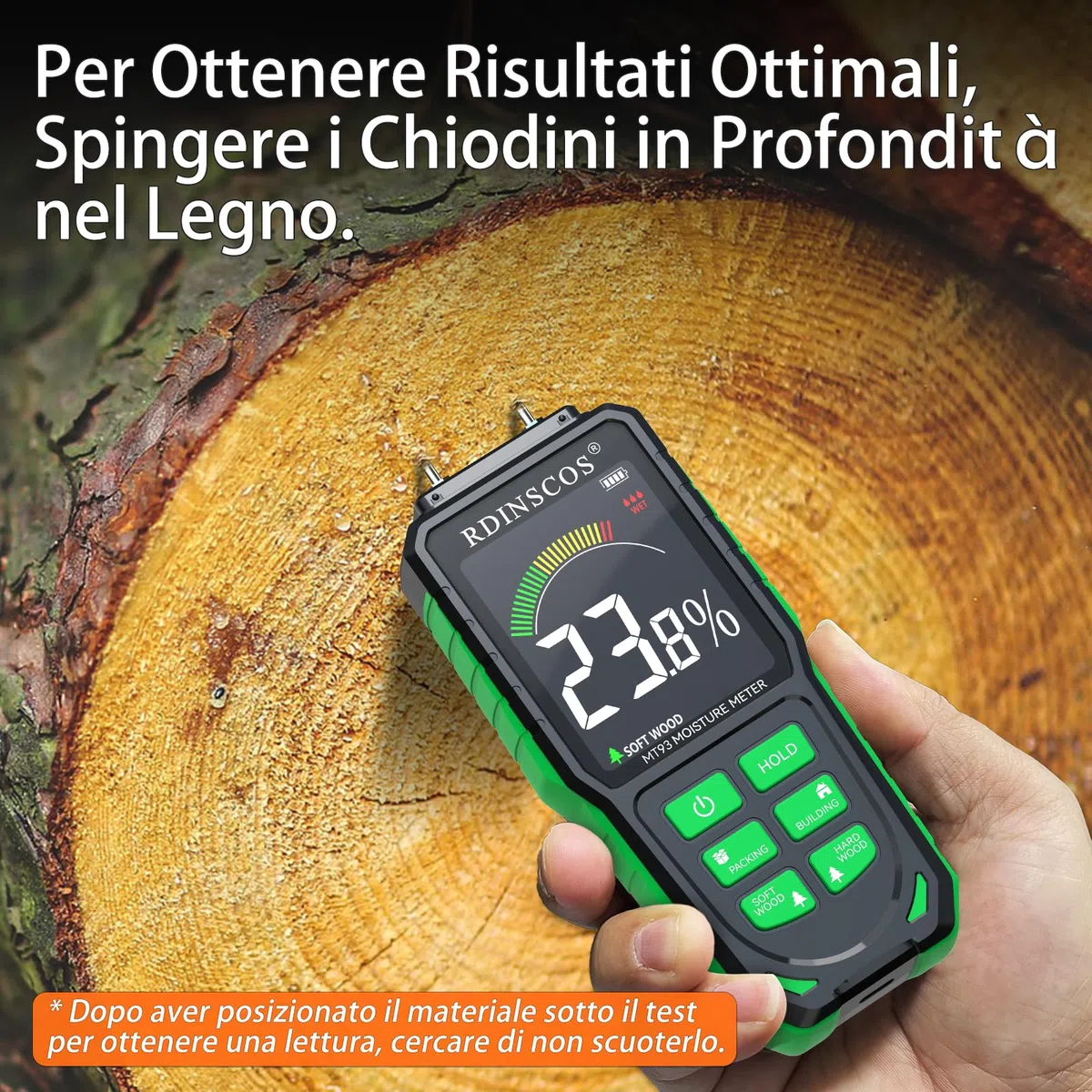 Misuratore di Umidità per Legno,RDINSCOS Rilevatori di Umidità con LCD a Colori e Allarme Acustico Igrometro Professionale Tester di Umidità per Legno,Legna da Ardere
