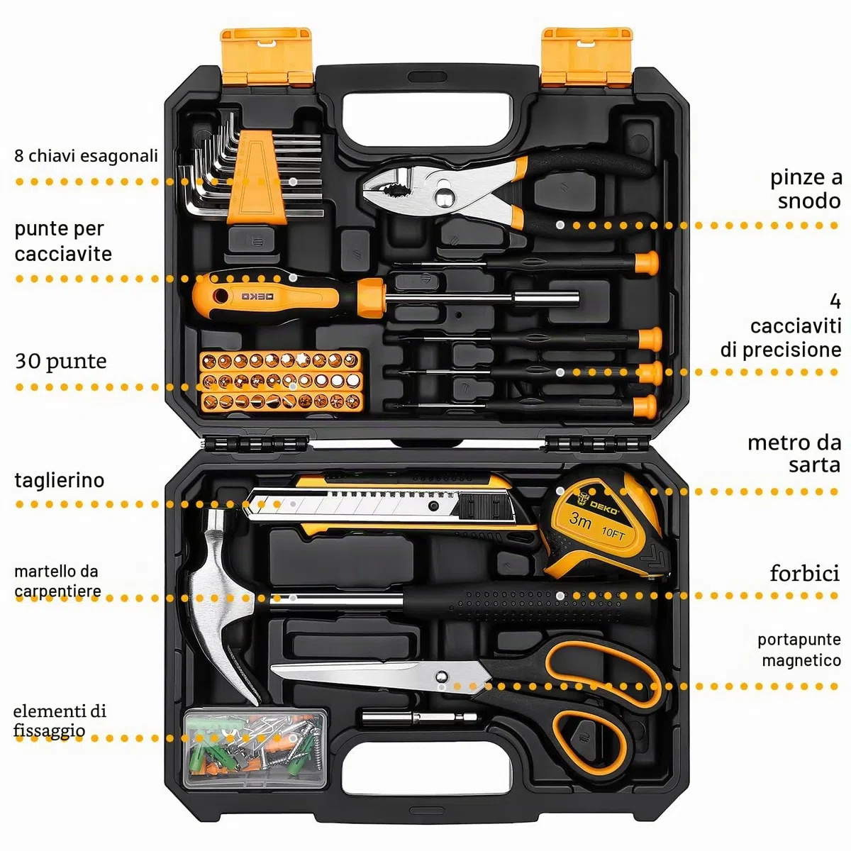 DEKOPRO Kit di utensili manuali generici per la casa con custodia in plastica, kit di attrezzi multiuso per la casa, include strumenti essenziali per riparazioni in ufficio e università, 50 pezzi