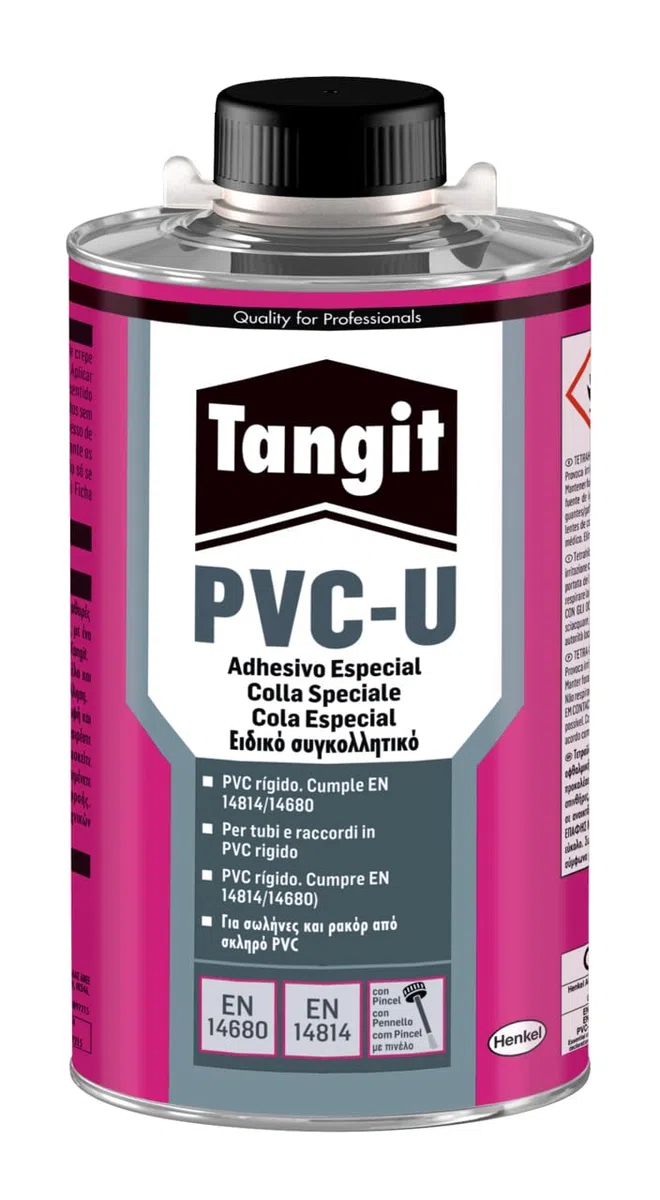 Tangit PVC-U Adesivo speciale con pennello, Tangit PVC colla per assemblare tubi, Colla speciale per incollare tubature idrauliche e giunzioni, 1x500g latta con pennello