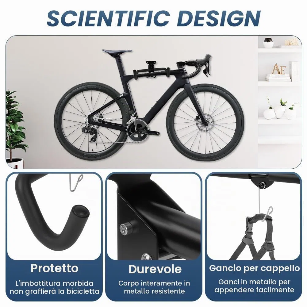 Supporto da Parete per Bicicletta, Supporto Bici da Muro Pieghevole Angolo Regolabili, Appendi Bici da Muro con Imbottitura e Gancio per Casco per uso Interno e in Garage