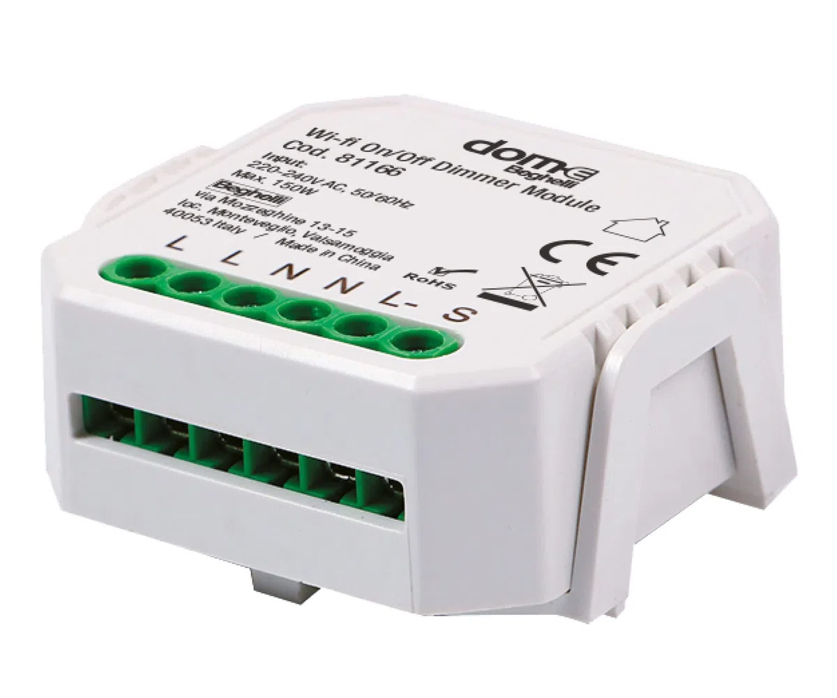 Beghelli - Dom-e Interruttore WiFi, Modulo Attuatore Wireless On-Off, Relé e Dimmer Smart, Controllo Luci da Smartphone, Compatibile con Alexa e Google Assistant, App Dom-E, Gruppo Beghelli, Bianco