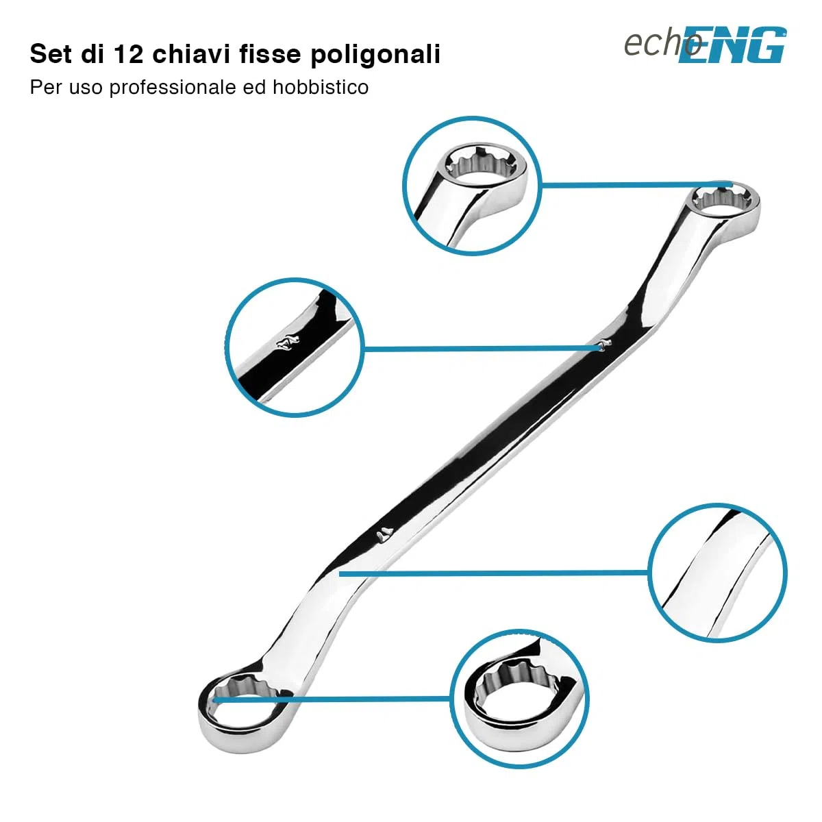 Serie di 12 chiavi fisse poligonali (6-32)mm DIN 838 in acciaio cromo vanadio di alta qualità, finitura lucidata a specchio con pratica custodia arrotolabile – FI 00 0013 echoENG