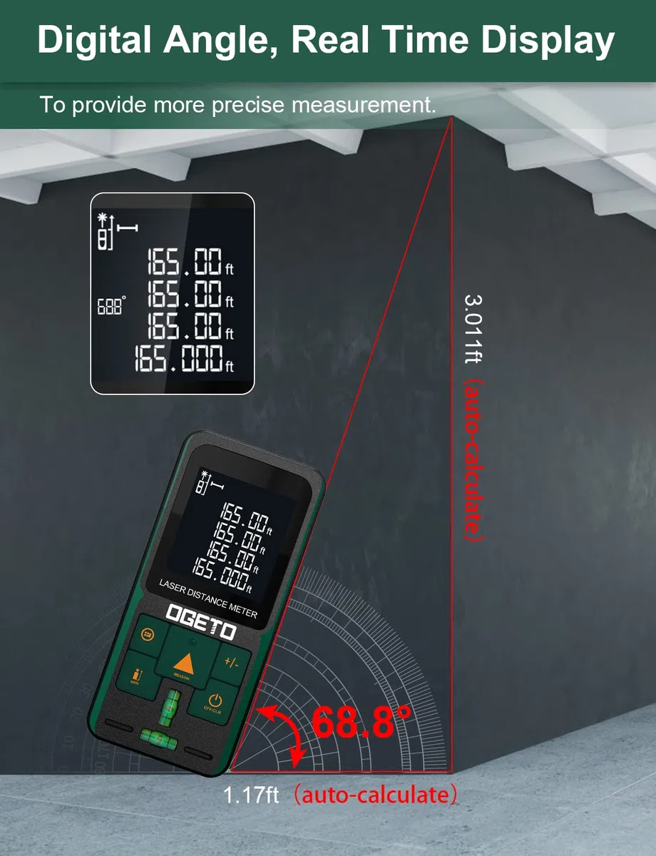 Metro Laser,OGETO Distanziometro Laser Dispositivo con Sensore Angolare Elettronico Strumento di Misurazione Digitale Portatile Telemetro con Livelle a Bolla e Ampio LCD Retroilluminato