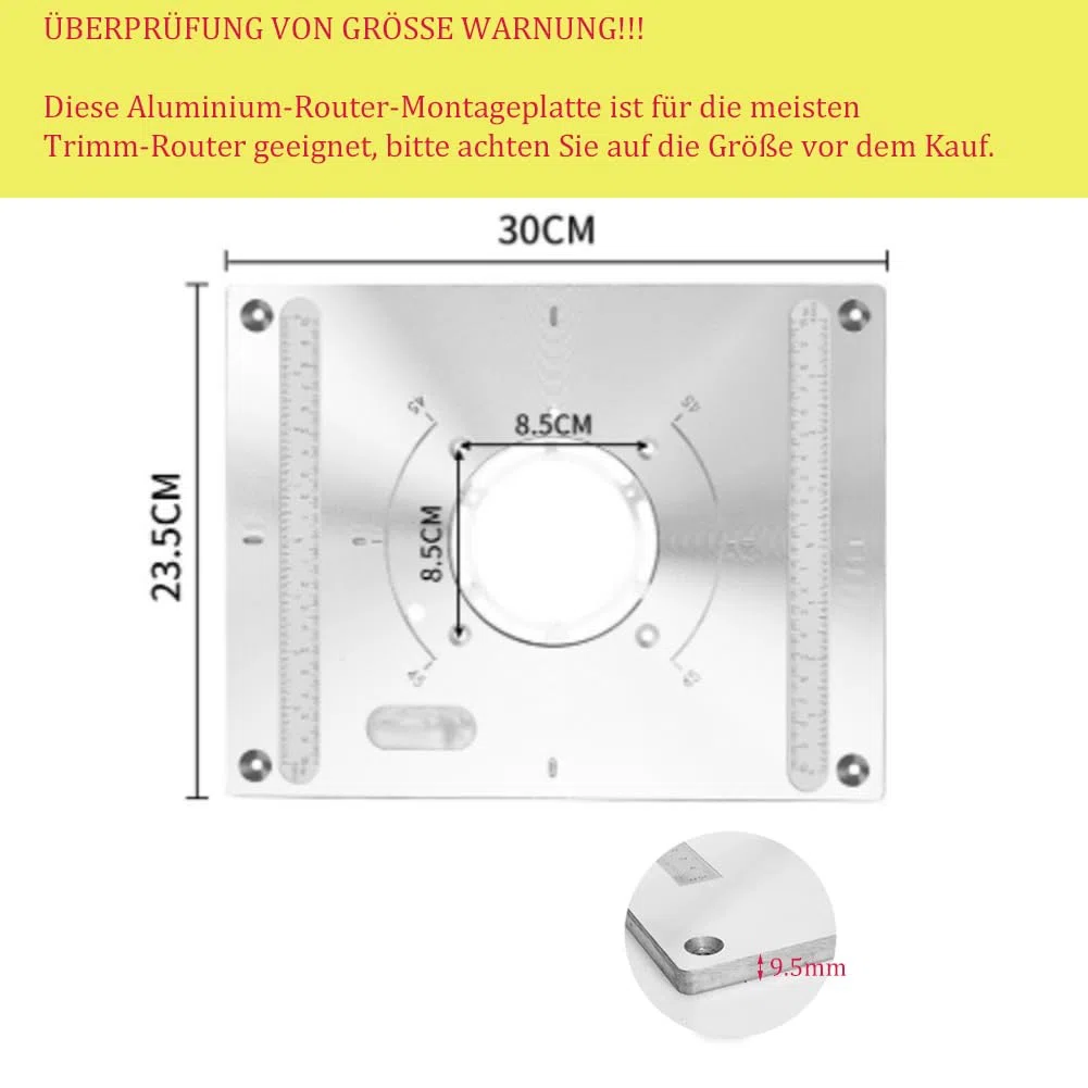 Pannello di appoggio per fresa superiore, router in alluminio, funzione di sollevamento, fresa superiore, piastra, router 2 anelli, 300 x 235 x 9,5 mm