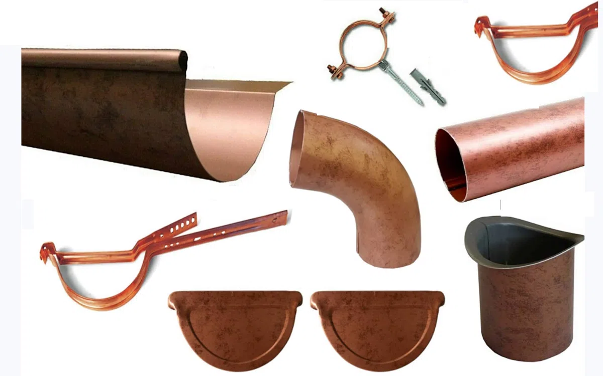 Kit 6 Metri Grondaia Tonda in Alluminio Rame Antichizzato + Accessori di Montaggio (330, con Baverino)
