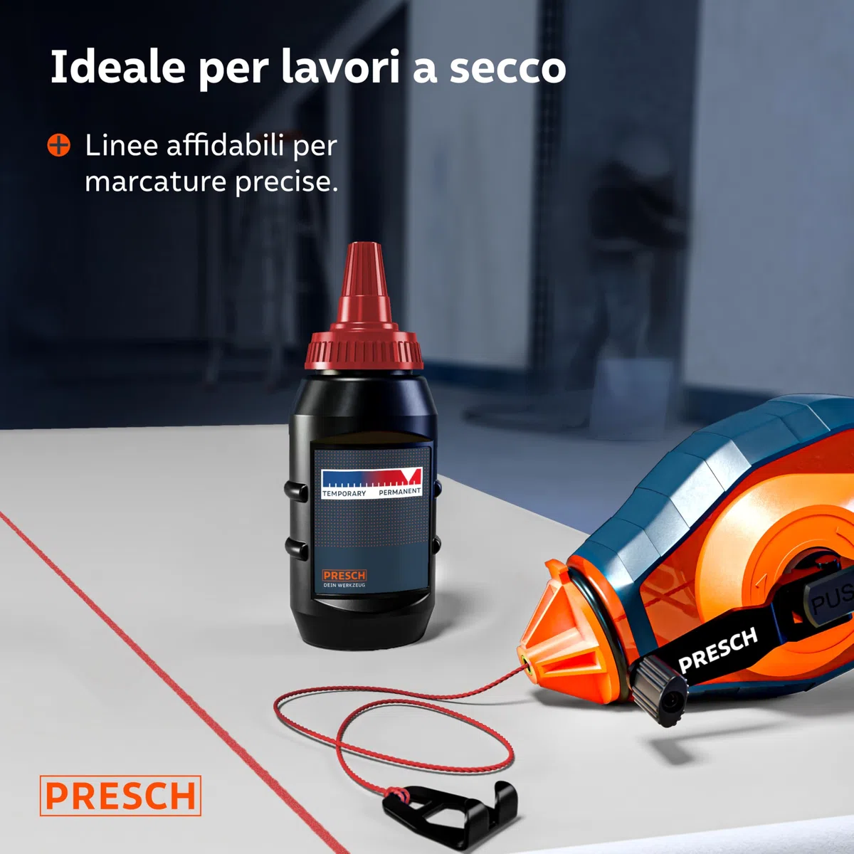 PRESCH Tracciatore a Filo da 30m con gesso rosso (150g) - Ritrazione rapida grazie al cambio 6:1 - Idrorepellente e resistente - Linea robusta per linee precise