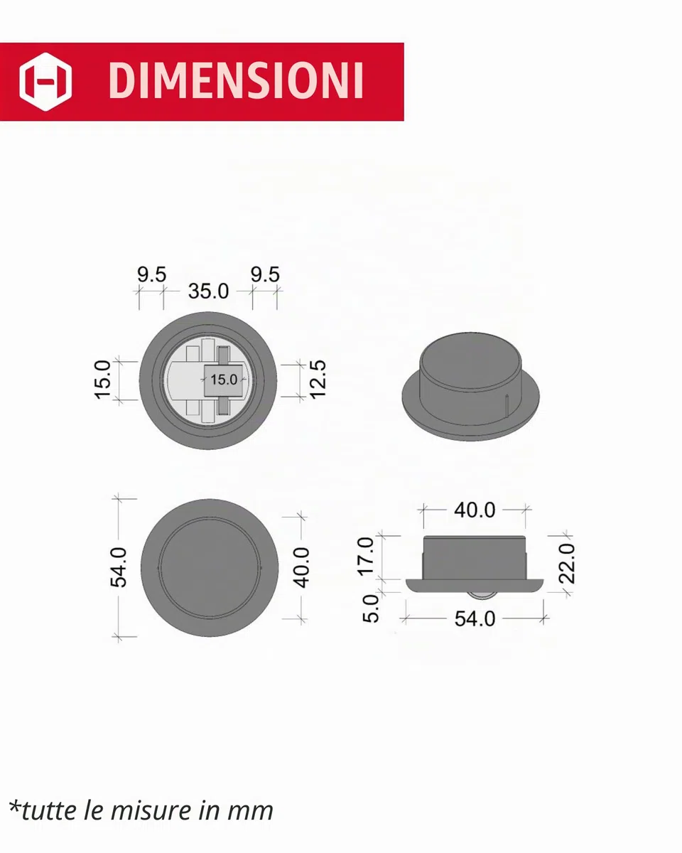 Gedotec Ruota per mobili per foratura | 4 pezzi - ruote per trasporto senza freni | Ø totale 54 mm | ruota girevole in plastica | ruota con portata di 50 kg | MADE IN GERMANY