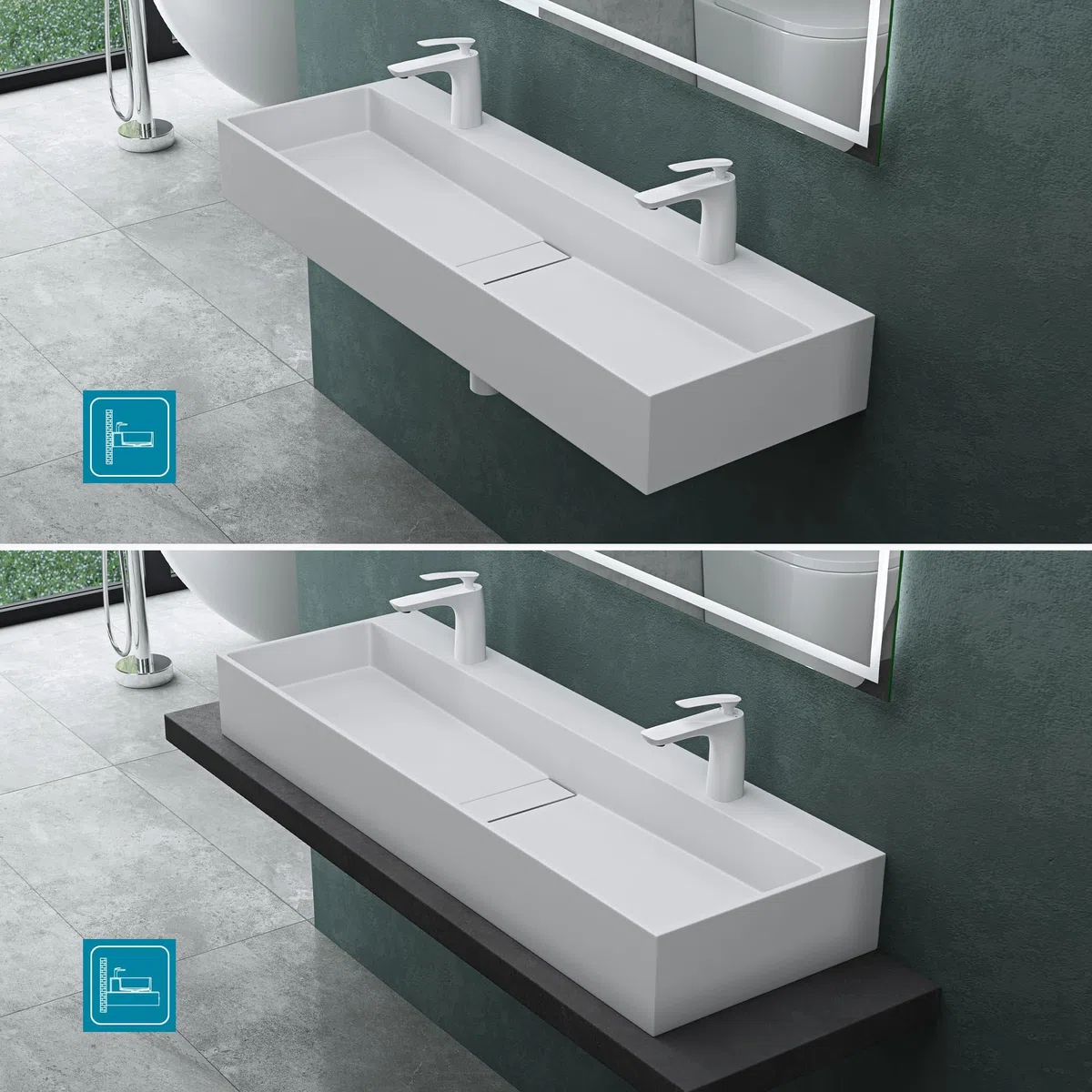 Mai & Mai Lavabo da Appoggio 120x40x12cm, Lavabo Bagno Sospeso Lavandino Bagno Colossum6028 da Marmo Fuso, due Fori per la Rubinetteria, Bianco opaco