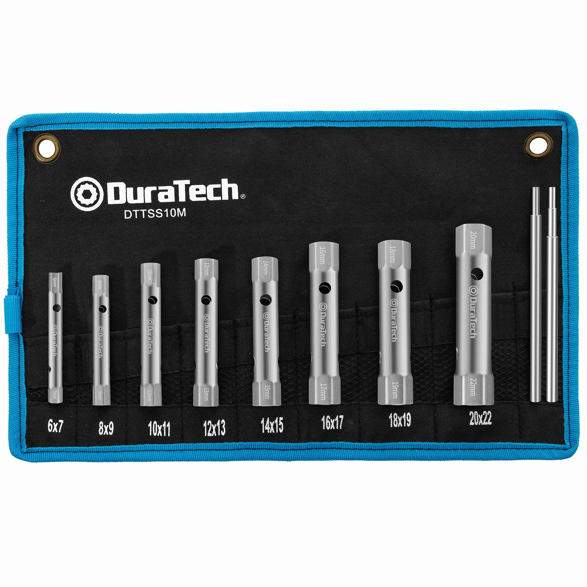 DURATECH Set di 10 chiavi a tubo con 2 leve, metrico, 6-22 mm, set di chiave tubo esagonale doppia per dadi posteriori per idraulica, installazioni e riparazioni di veicoli
