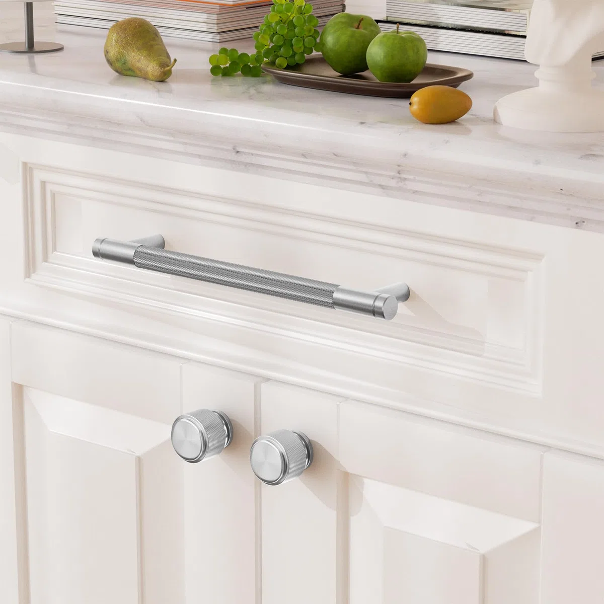 FURNIWARE 10 Pezzi Pomelli per Mobili in Nichel Spazzolato, Pomelli per Cassetti in Argento con Scanalature, Pomelli per Cucina Diametro 25mm, Pomelli per Armadio Pomello Tondo, Comò per Armadi