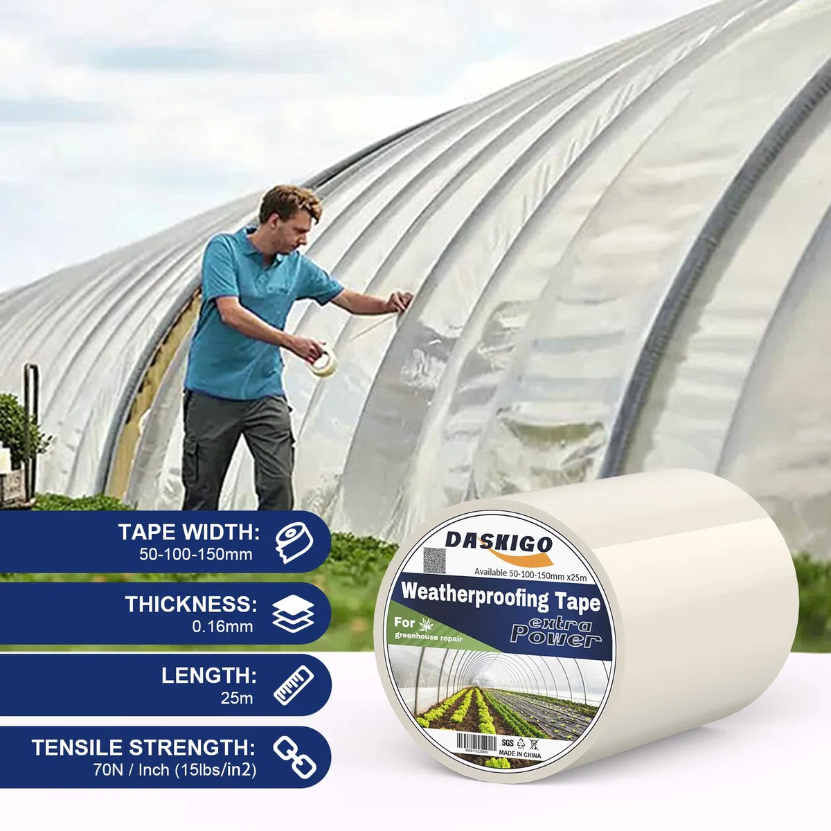 Nastro di Riparazione per Serre Extra Forte, Nastro Adesivo Resistente all'Acqua in Polietilene Trasparente, Giardinaggio, Agricoltura (100 mm x 25 m)