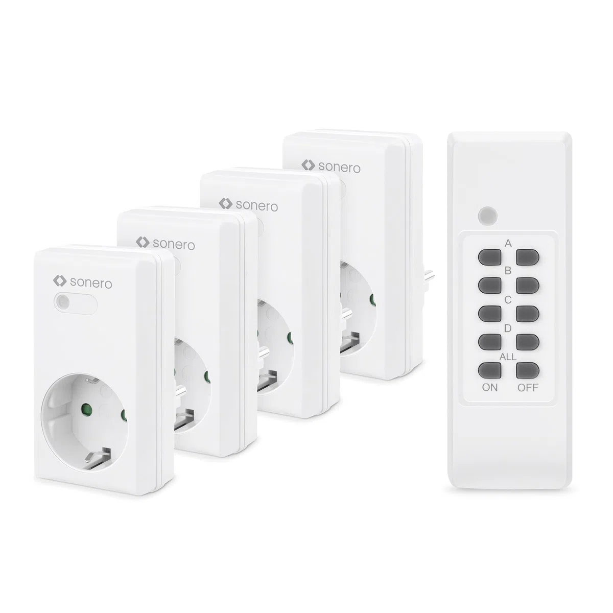 Sonero set di prese radiocomandate: 4x presa radiocomandata e 1x radiocomando, 1100 watt, portata massima 30m, interno, bianco