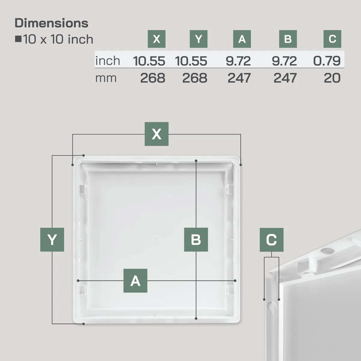 Vent Systems Pannello di Accesso in ABS Bianco, 250 x 250 mm, per Cartongesso, Pareti e Soffitti. Copertura per Fori Elettrici e Idraulici, Dimensioni Esterne 270 x 270 mm