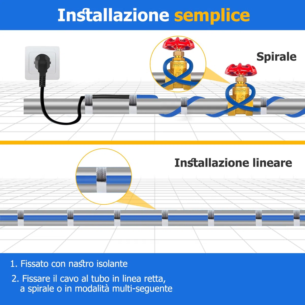 Cavo Scaldante per Tubi Antigelo, Tubo di Riscaldamento antigelo autoregolante con termostato, protezione antigel, per tubo dell'acqua, impermeabile (12M) (Blu, 2 Metri)