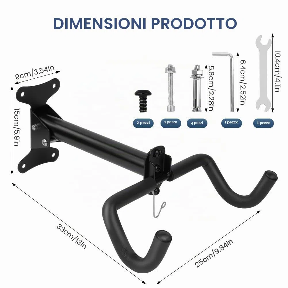 Supporto da Parete per Bicicletta, Supporto Bici da Muro Pieghevole Angolo Regolabili, Appendi Bici da Muro con Imbottitura e Gancio per Casco per uso Interno e in Garage