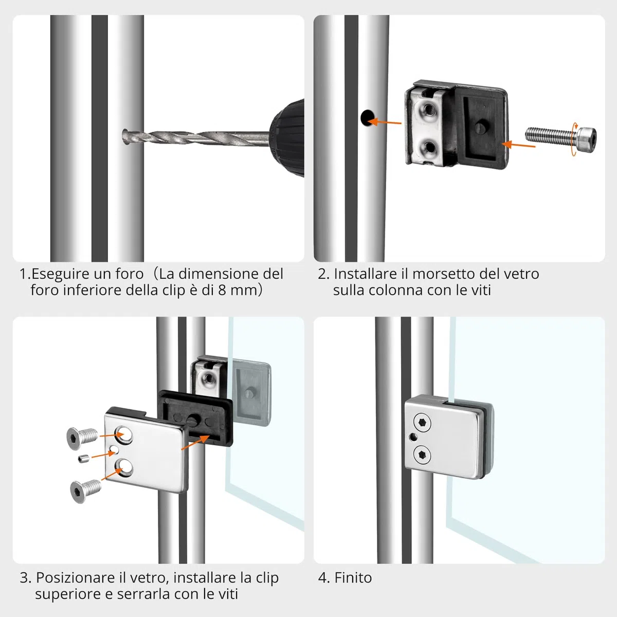 Proster 8 Pezzi Supporto Vetro 8-10mm Acciaio Inossidabile 304 Morsetto Vetro Regolabile Con Cacciavite per Ringhiera Balaustra Corrimano della Scala - Lucido