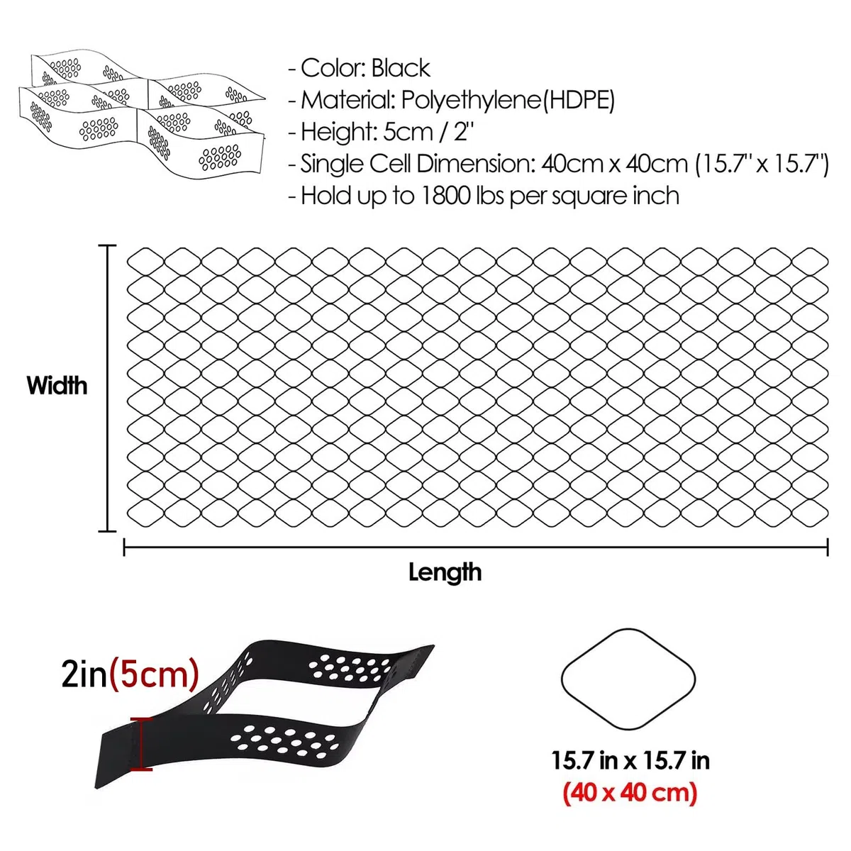 Stabilizzatore de Ghiaia Griglia di terra da 2"/5 cm di profondità, griglia di terra Geo Grid con carico di 1800 libbre per mq, griglia di pendenza con resistenza alla trazione Controllo dell'erosione