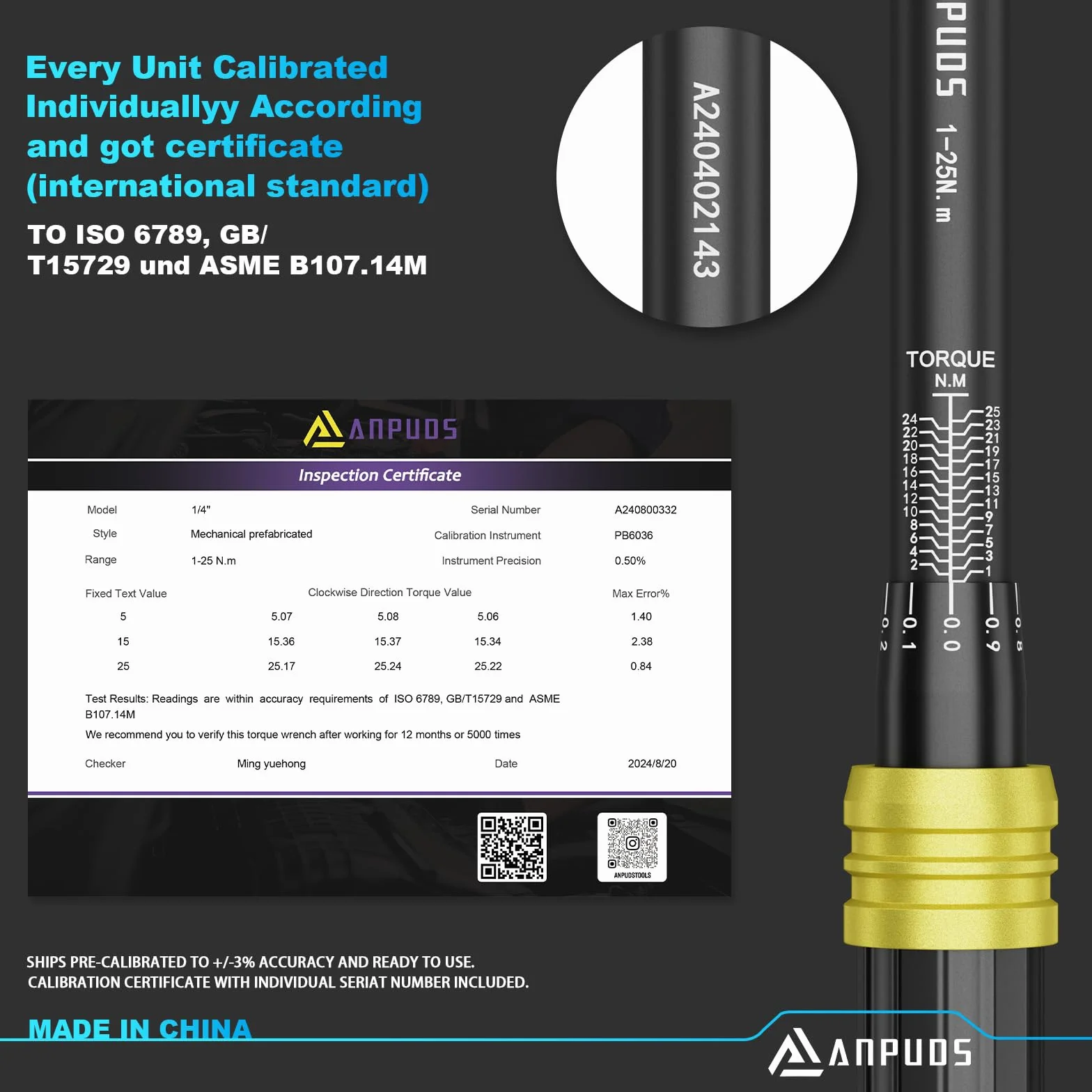ANPUDS Chiave Dinamometrica 1/4”, 1-25Nm Bici e Moto Chiave Dinamometrica Set, 0.1nm Micro Adjustments, Precisione ± 3%, 72 Denti Chiavi Dinamometriche per Bici da Strada e Mountain, Moto