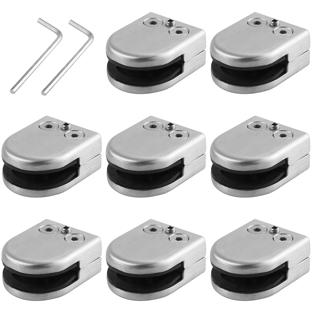 Neoteck 8 Pezzi Supporto Clip in Acciaio Inossidabile 201 per Vetro, Fissaggio per Corrimano da 8-9mm, Morsetto in Acciaio Inox per vetro Regolabile con Gomma e Vite Micro-Regolante