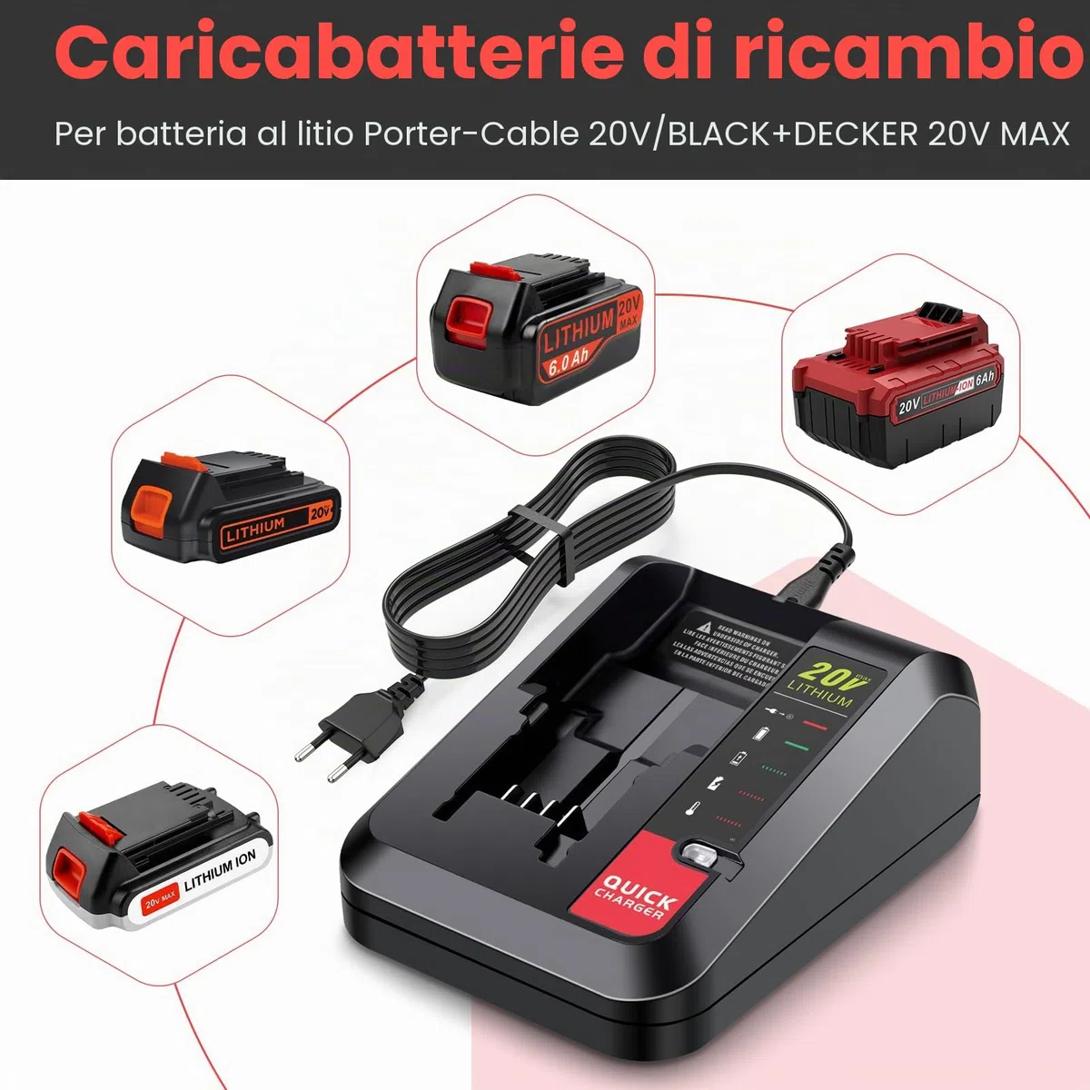 ASUNCELL Caricabatterie Li-ION 2 A Compatibile con Batterie al Litio Black & Decker, Caricabatterie Rapido 18V utilizzabile per Black+Decker LBXR20, LBXR20-OPE, LB20, LBX20, LBX4020, LB2X4020,