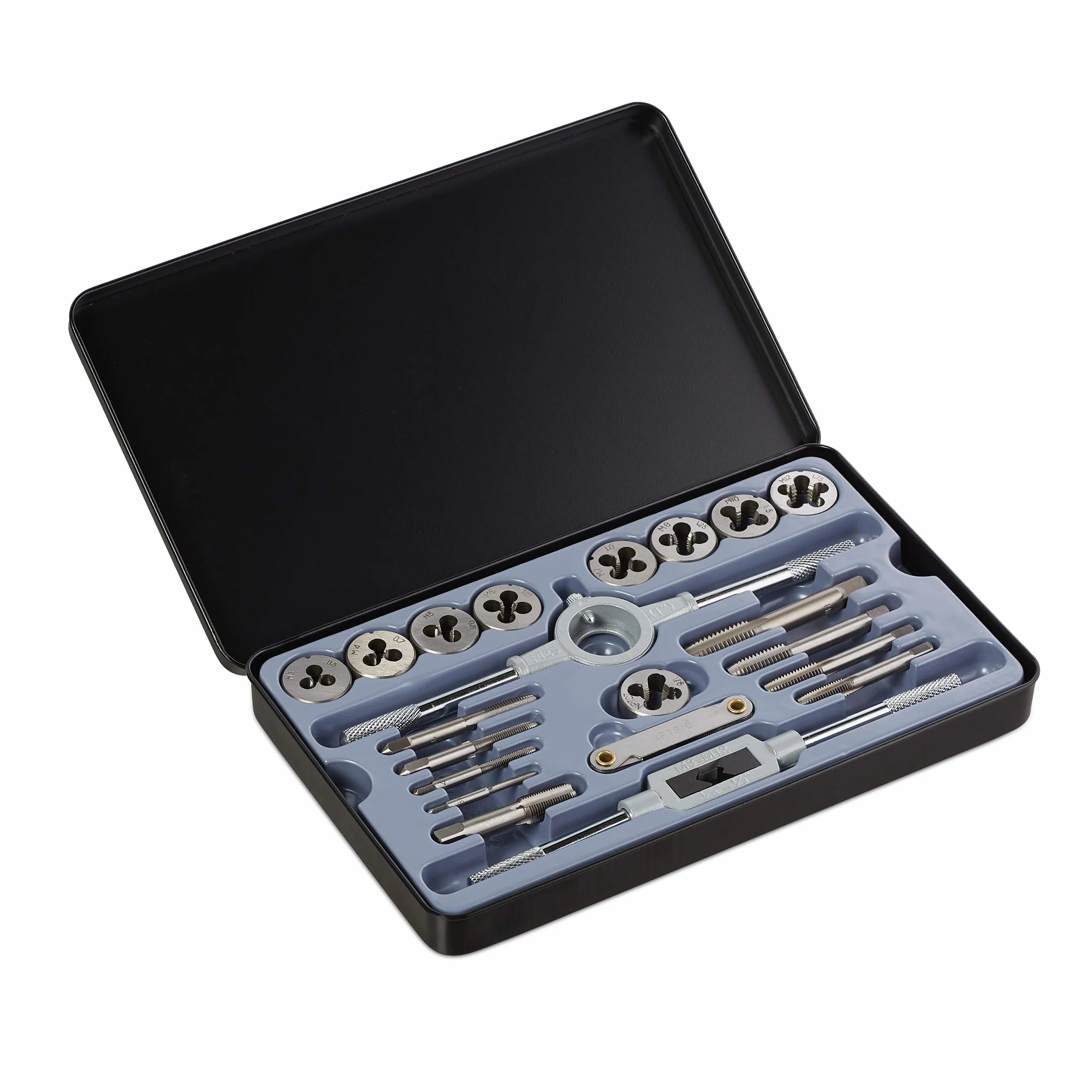 Relaxdays Set per Filettatura M3 - M12, Set con 9 Filiere & Maschi per Filettare, Giramaschio, Filettatore, Argento