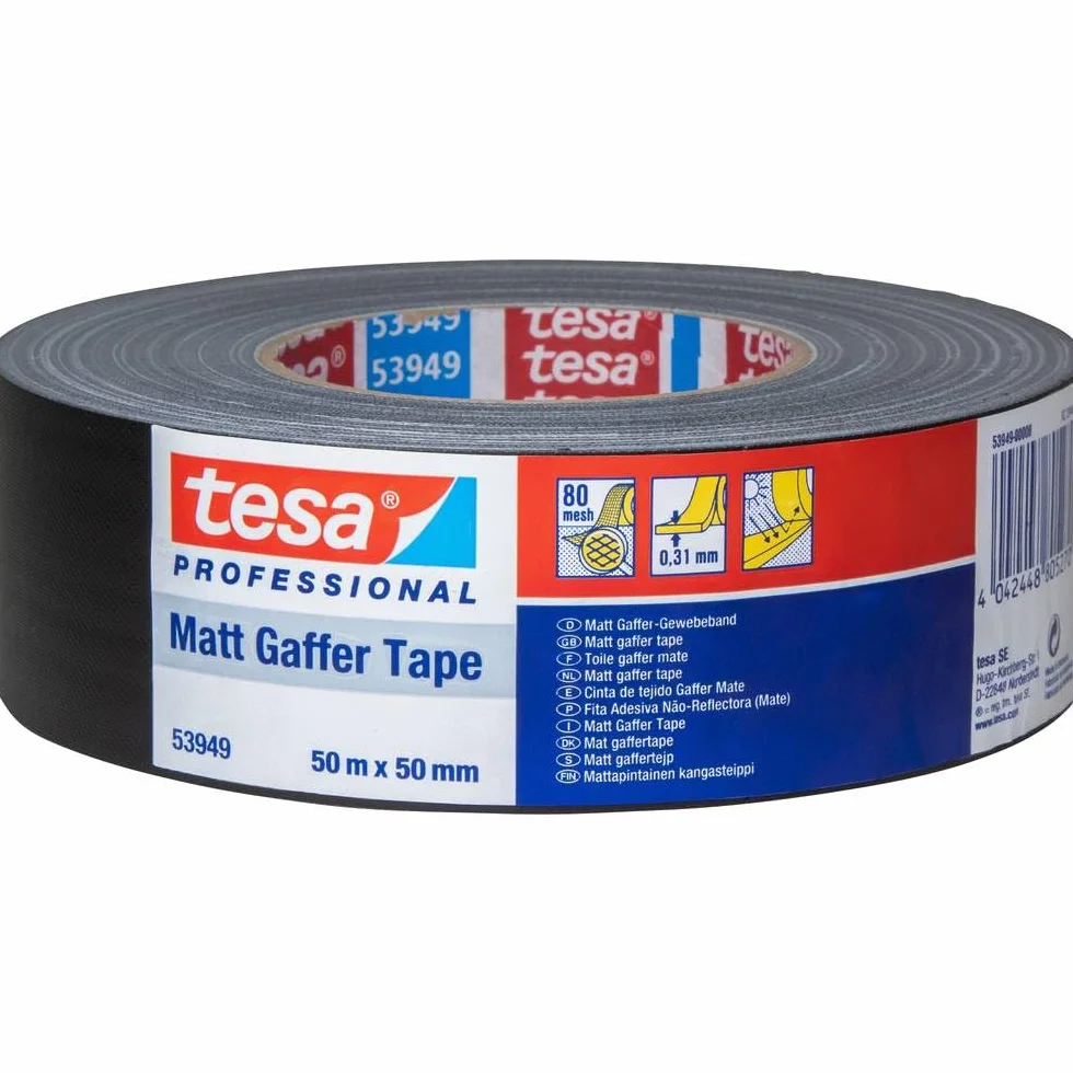 Tesa Gaffer Tape Professional PV2, Nastro impermeabile e non riflettente per arte e spettacolo, Lavoro e fissaggio, Tessuto PE, 50 m x 50 mm, Nero opaco