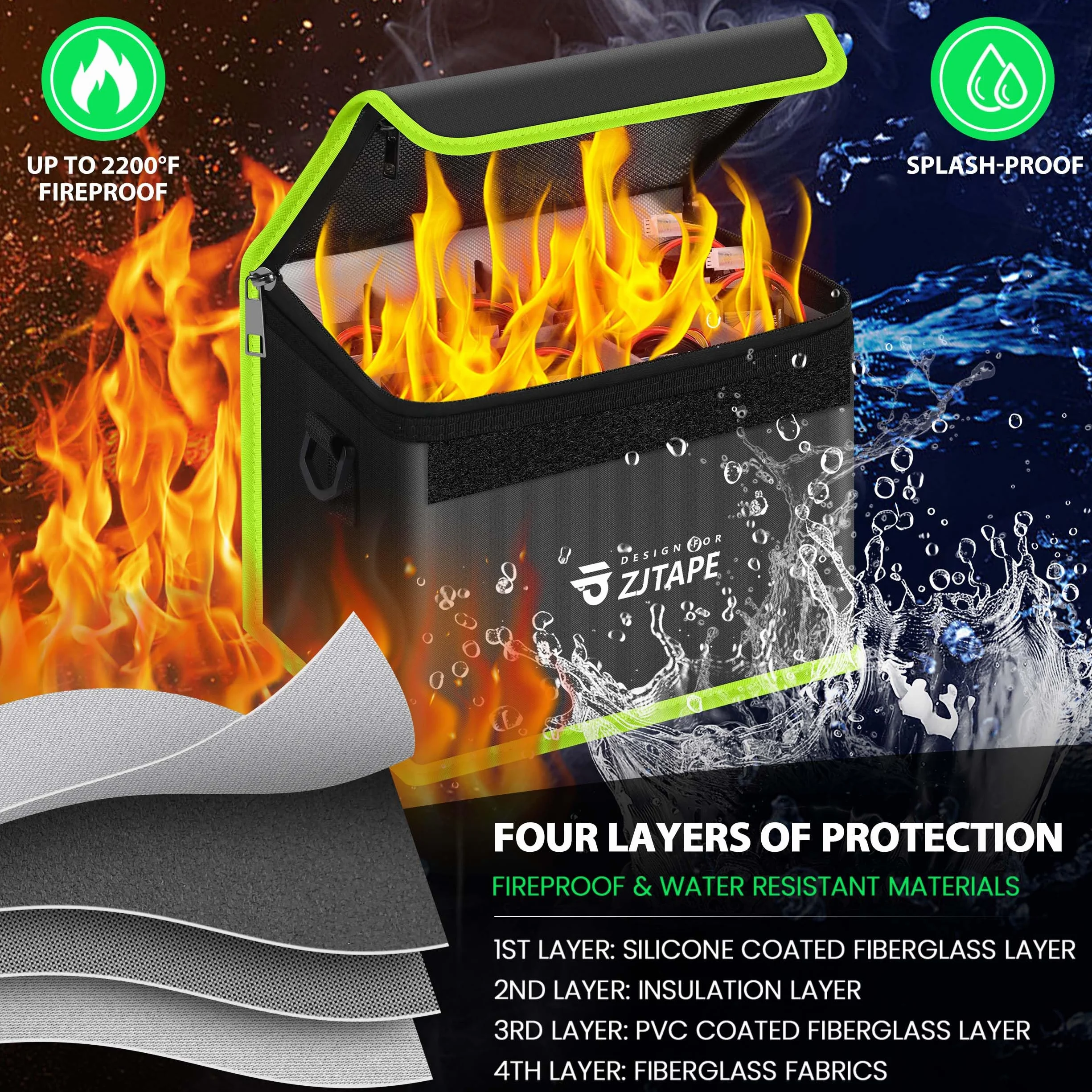 ZJTAPE Lipo Safe Bag ignifuga, Borsa per batterie a prova di esplosione, grande spazio di stoccaggio Storage Box - cassaforte ignifuga, borsa protettiva per la ricarica e l'archiviazione (Nero, Verde)