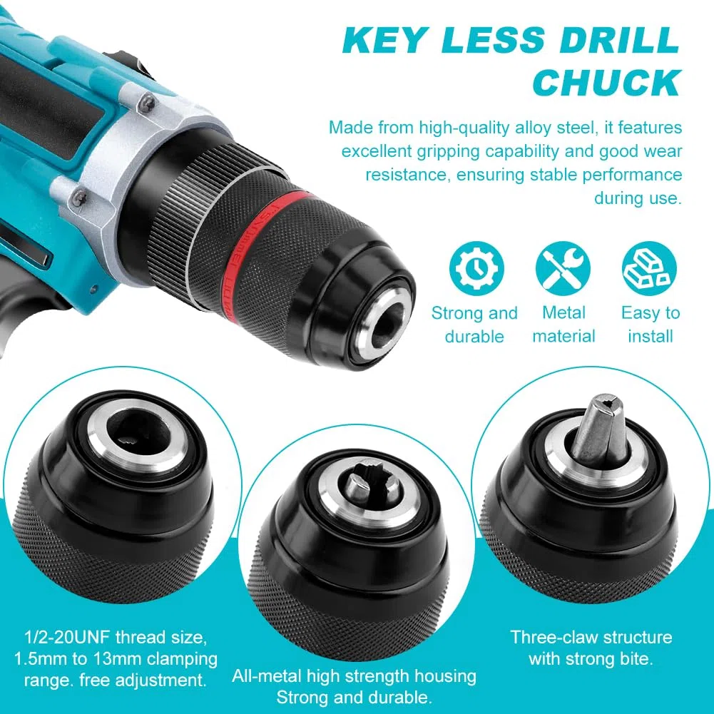 Mandrino autoserrante senza chiave per Milwauke-e, 1/2-20UNF Mount 1-13 mm mandrino autoserrante - Adatto a gambo SDS-Plus da 3/8", codolo esagonale da 1/4" e adattatore per avvitatore a impulsi da 1