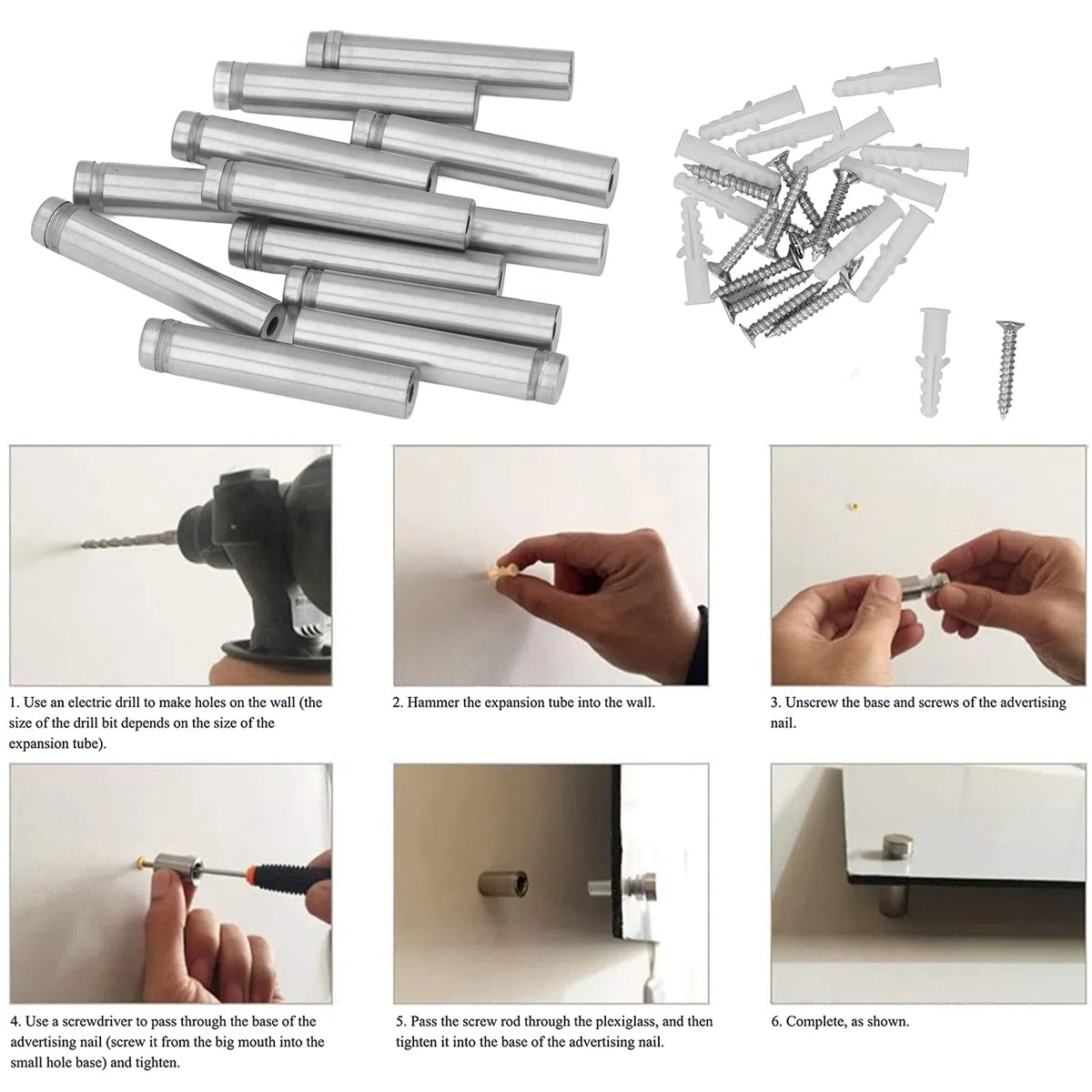 Buachois 12 Pezzi Chiodi a Vite Pubblicitari,12 x 60 mm Distanziatori per Vetro in Acciaio Inossidabile,Viti per Supporti per Cartelli,Vite Segno Pubblicità Chiodi Hardware Supporti Viti
