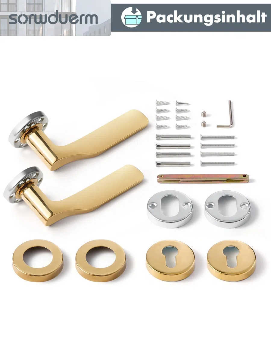 Maniglia per porta in acciaio inox spazzolato opaco dorato, set maniglia per porta anteriore e porta interna, forma L, profilo PZ, cilindro, rosetta tonda