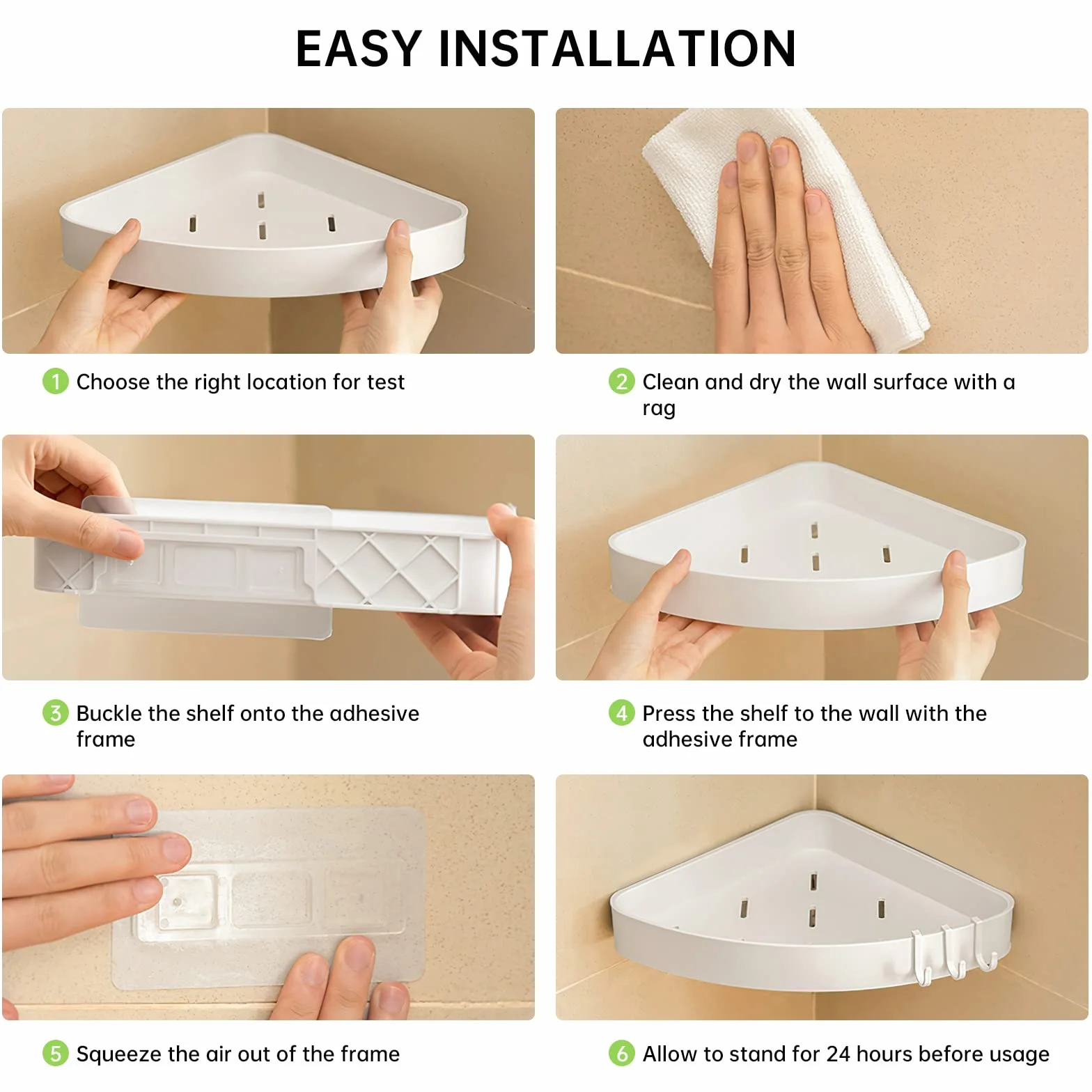 Toski Mensola da Angolo per Bagno, Porta Doccia, 2 Pezzi, Senza Foratura, Bianco, Organizzatore con 4 Ganci