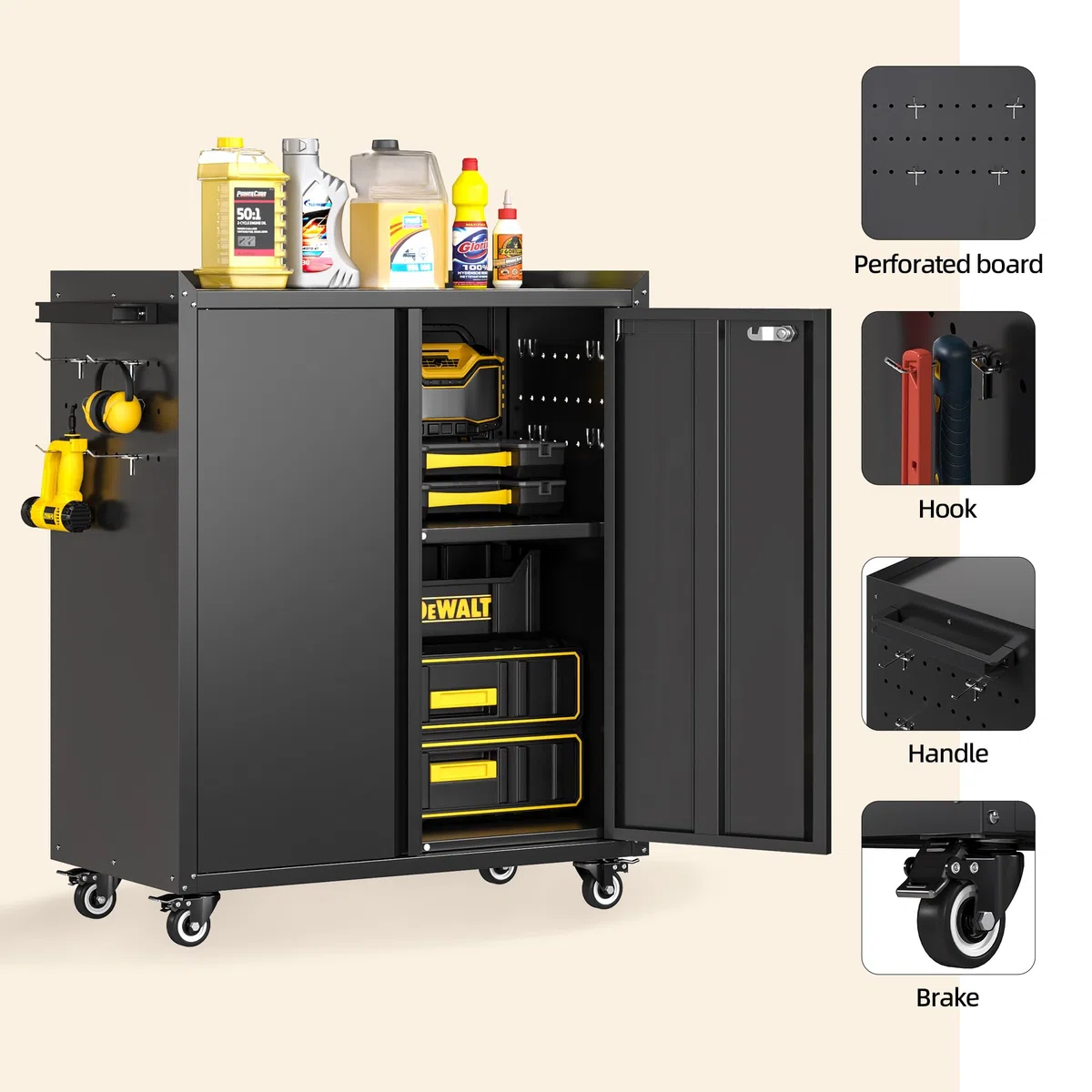 Armadio degli attrezzi con ruote e maniglia, con ripiani regolabili, con piastra forata e 4 ganci, 80 x 66 x 35 cm, armadio in acciaio chiudibile, adatto per garage, cantina e ufficio (nero)