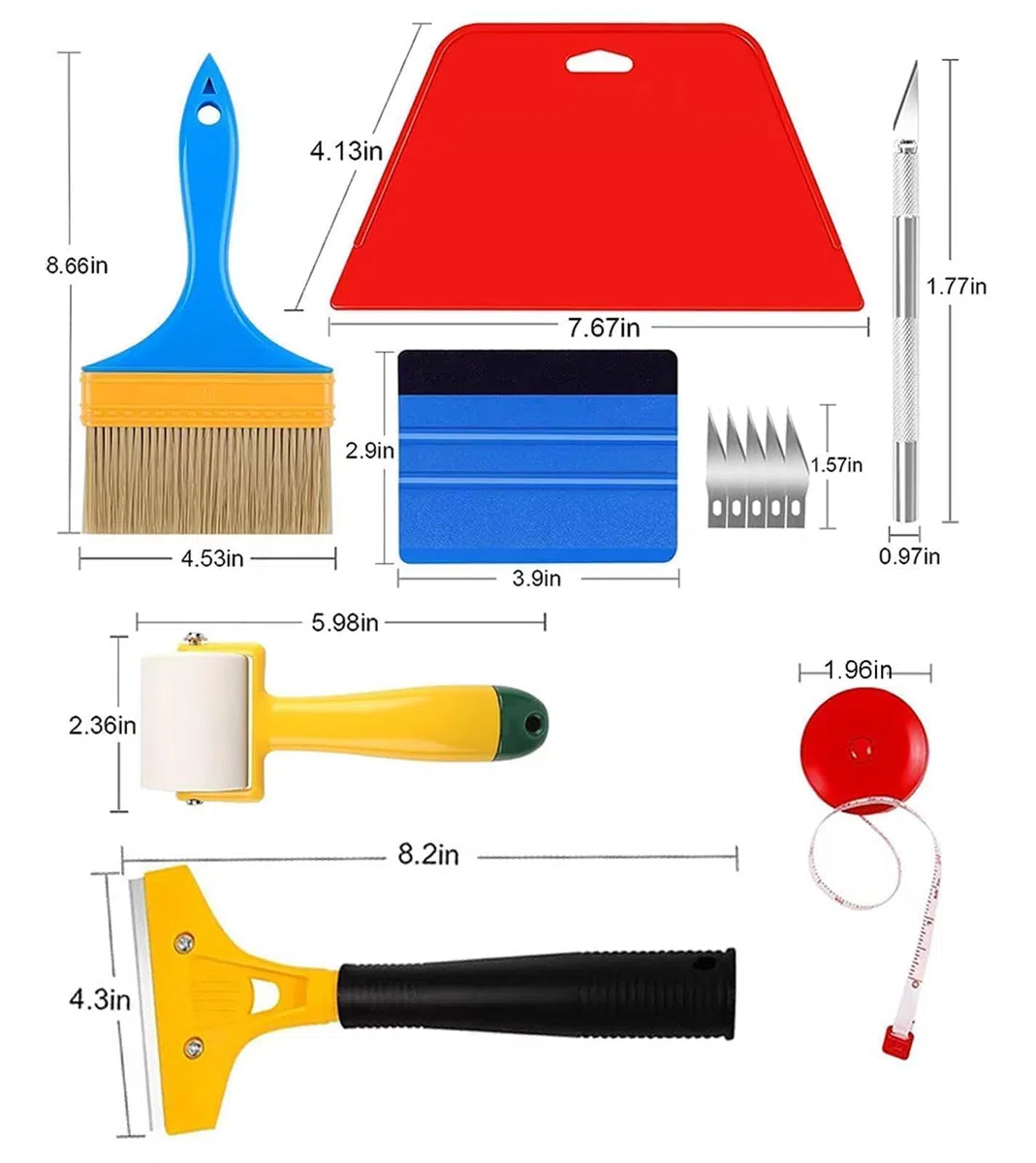 7 Pezzi Carta da parati Kit,Utensile per carta da parati,Set di strumenti per levigatura, kit di strumenti per la carta da parati,compresi strumenti di finitura,raschietti per vernice,metro a nastro