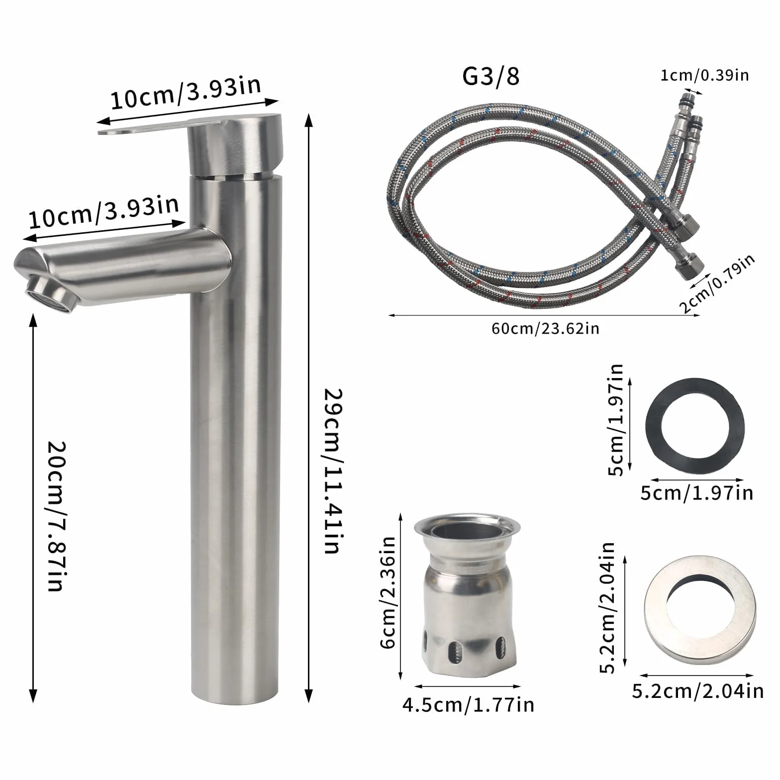 Rubinetto spazzolato Rubinetto Bagno Lavabo Alto Rubinetto per lavabo alto Rubinetto Lavabo Monocomando in Acciaio Inossidabile Miscelatore per Bagno Controllo Acqua Calda e Fredda Altezza