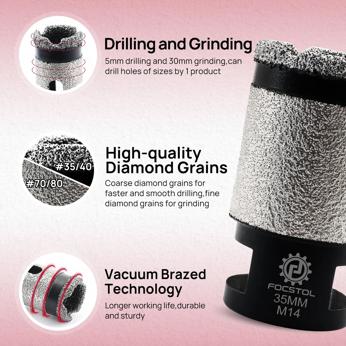 FOCSTOL Punte per Trapano Diamantate - 35mm Fresa Diamantata per Porcellanato Piastrelle Ceramica Marmo Granito Quarzo M14 Filettatura