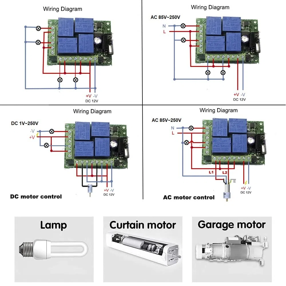 QIACHIP 433 Mhz RF Interruttore remoto wireless ricevitore relè radiocomando 4 canali DC 12V con 4 telecomandi per luci, porta del garage, motore controller