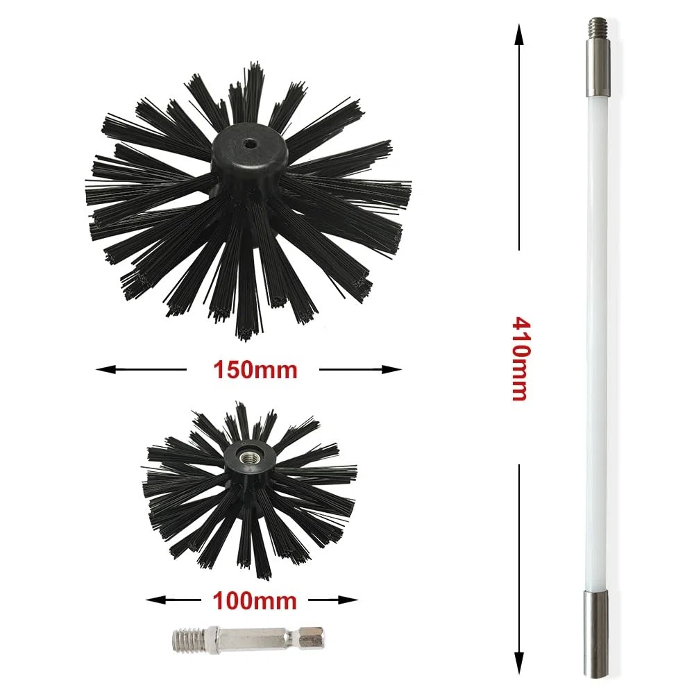 Spazzola per camini fino a 7,2 m, kit di pulizia a secco, testina 100/150 mm, lunghezza 410 mm, asta flessibile, per vari camini, tubi, spazzole per la pulizia (18 aste)