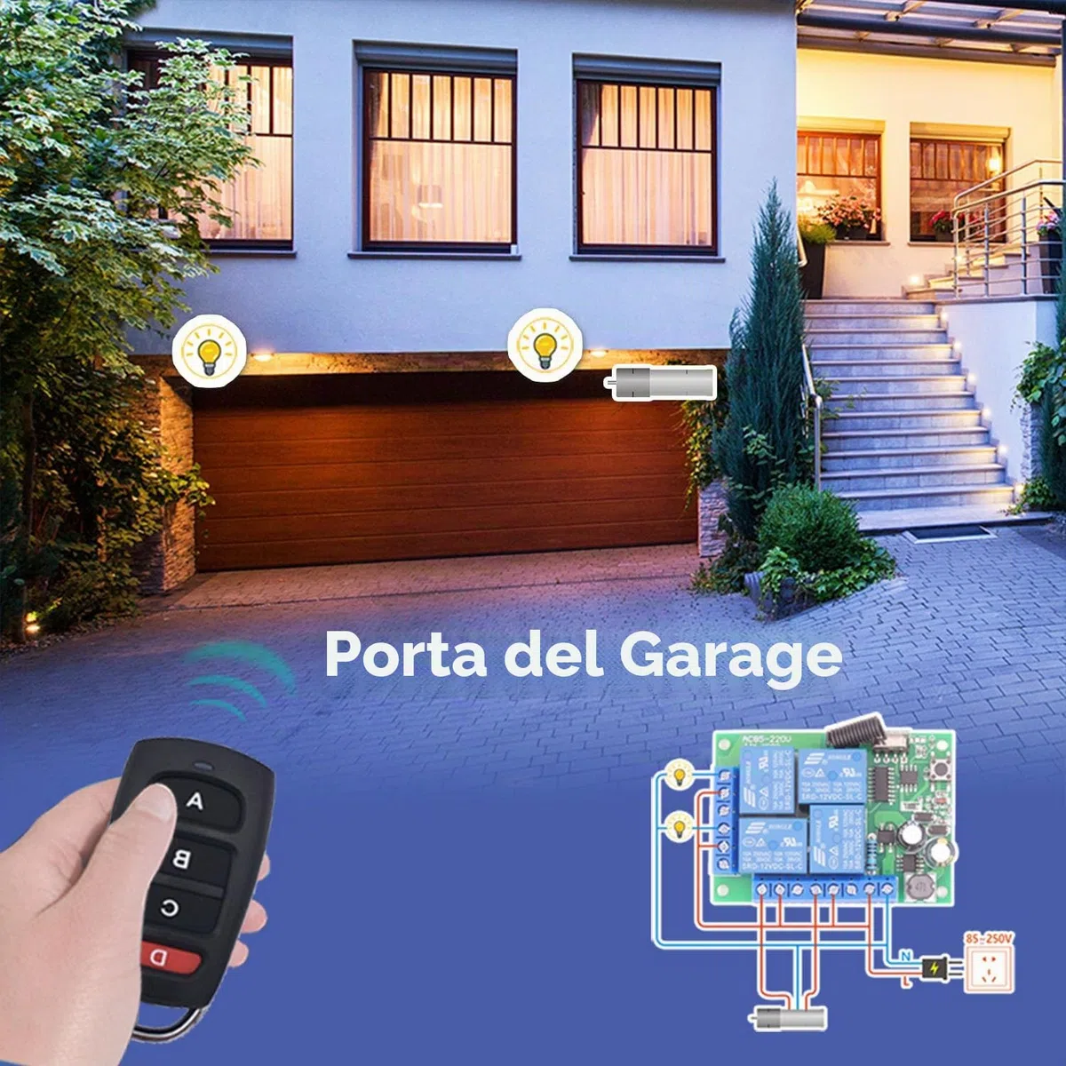 DieseRC Telecomando universale senza fili AC 220V 10A Scheda ricevitore relè RF a 4 canali con 2 trasmettitori per motore porta del garage luce tenda elettrica