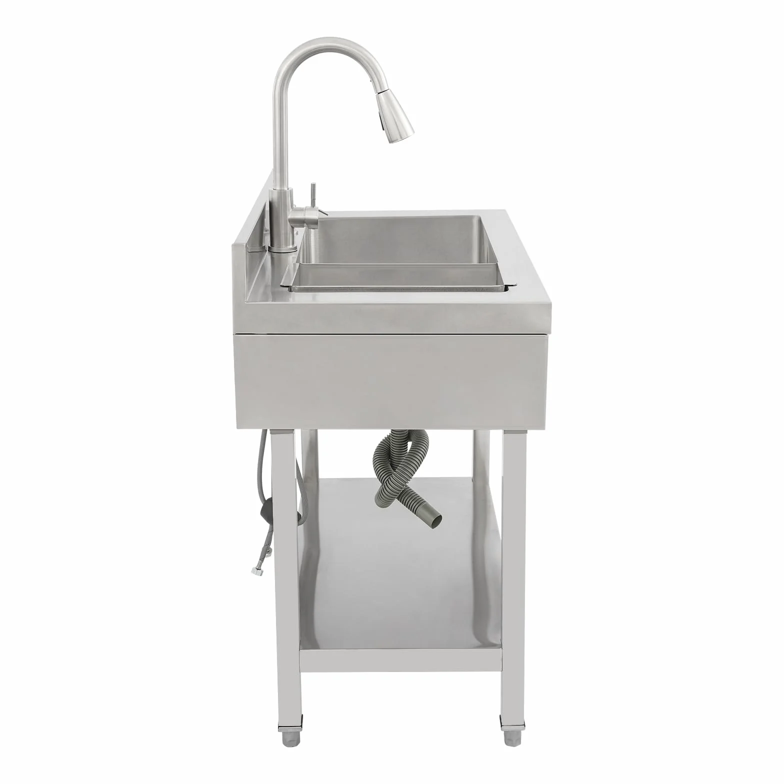 Lavello autoportante in acciaio inox con rubinetto estraibile, per casa, garage, giardino, molto resistente, con scolapiatti e angolo rotondo, facile da montare (argento 90 x 60 x 80 cm)