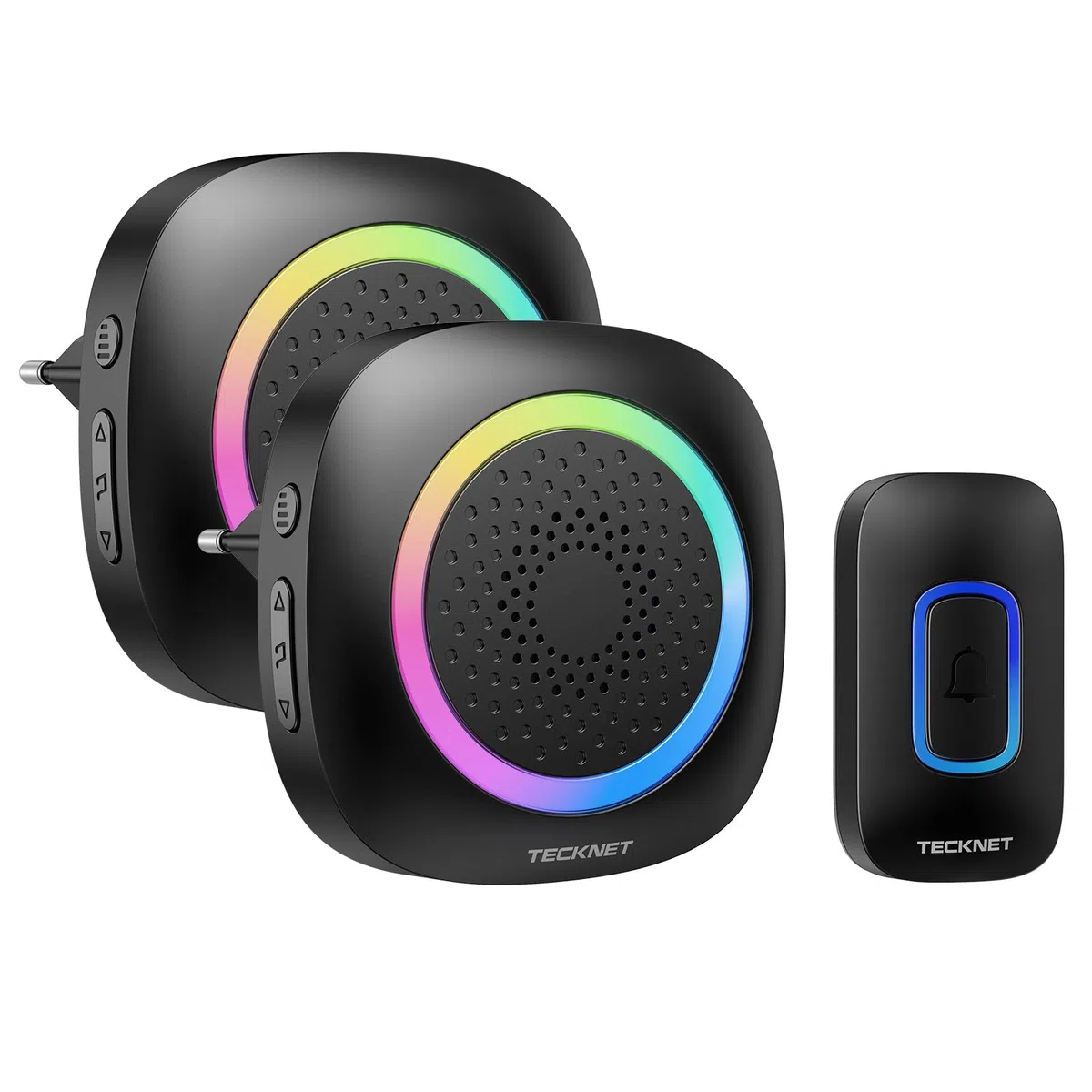 TECKNET Campanello senza fili, campanello a scatto con luce RGB, kit di campanello per porta wireless portatile impermeabile IP66, portata wireless 400 m, 60 campanelli e volume a 5 livelli (nero)