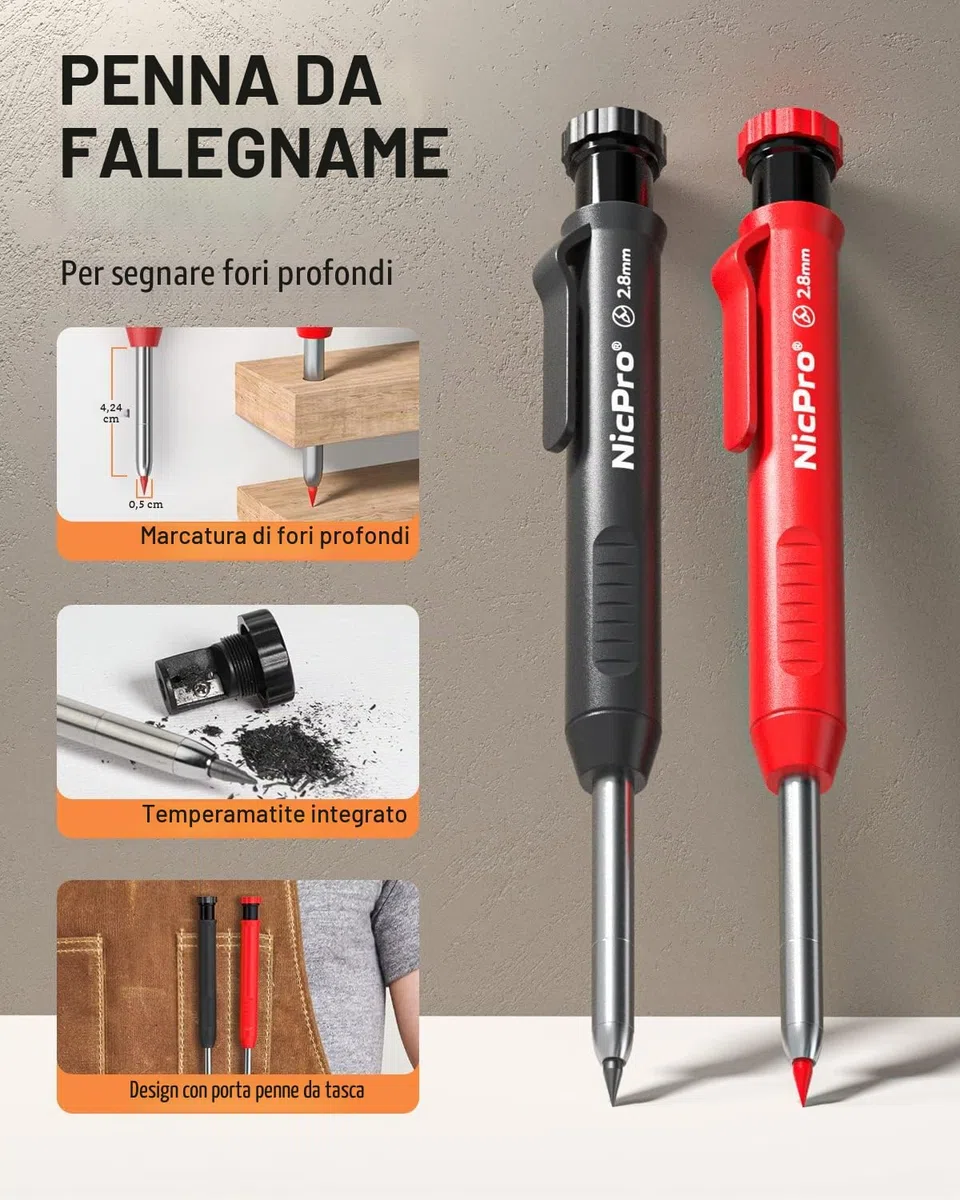 Nicpro 15 Pezzi Matita da Carpentiere con Temperamatite, Matite per Falegname con 40 Ricariche, Strumento Automatico Centro Punch e Strumento Scriba in Carburo, Matite per Lavorazione Legno