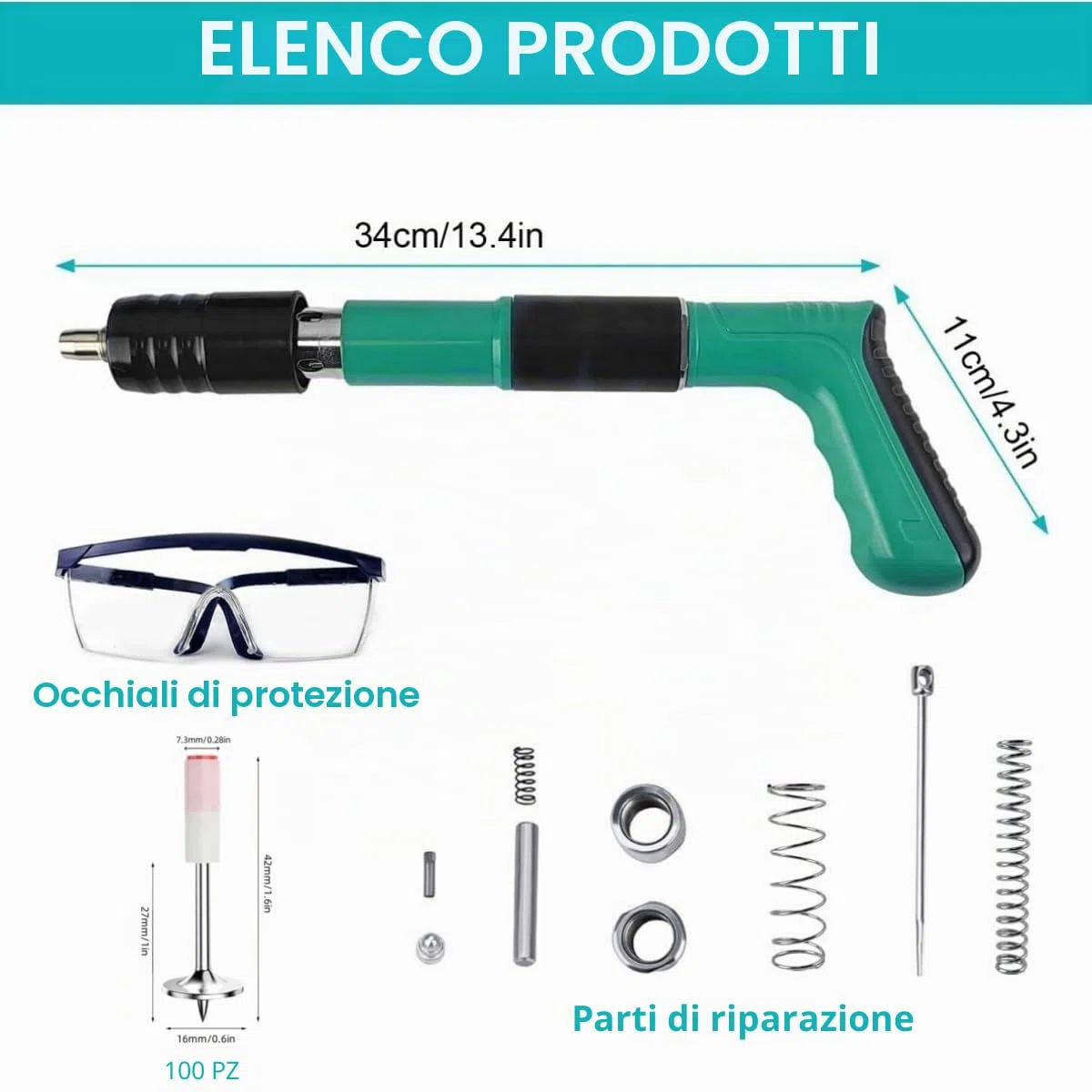Pistola Sparachiodi, Sparachiodi Aria Compressa Manuale, Spara Chiodi per Cemento e Ferro, Chiodatrice con 100 Chiodi Rotondi - per Acciaio e Calcestruzzo - Facile da Usare