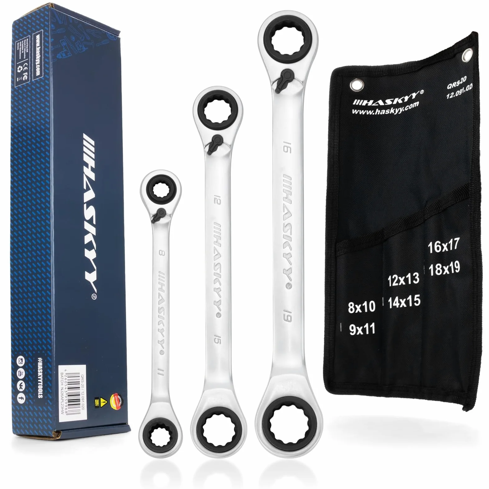 HASKYY - Set di chiavi a cricchetto a doppio anello, 3 pezzi, SW 8-19 mm in sacchetto di sistema I 8-10x9-11 I 12-13x14-15 I 16-17x18-19
