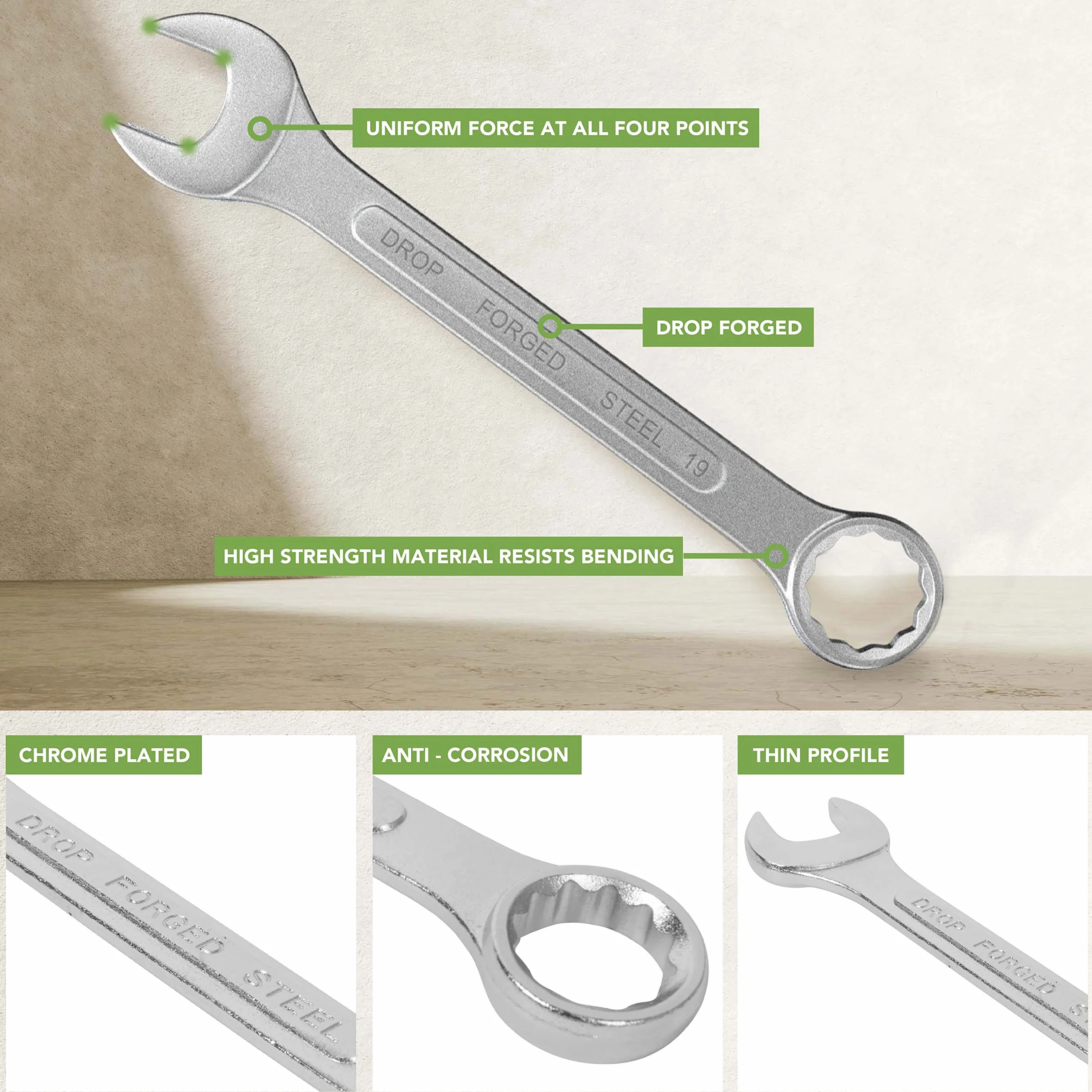 BLOSTM Set di Chiavi Combinate - Set di Chiavi 11 Pezzi (6 mm-19 mm), Cromate, Set di Chiavi Metriche a Doppia Estremità Forgiate a Goccia Include Custodia Arrotolabile - 11 PZ