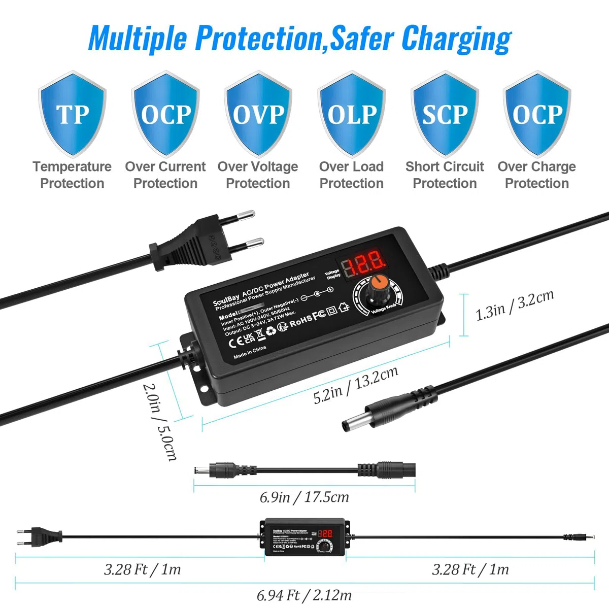 SoulBay Alimentatore Universale, 3-24V 72W Caricabatterie Universale AC/DC con 14 punte CC cavo di Inversione Polarity Converter per Elettronica Domestica CCTV Striscia LED - 3000mA max.