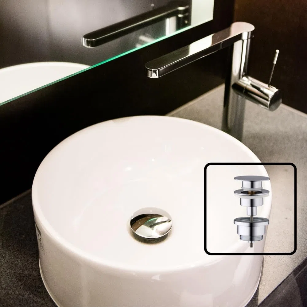 Aquagrif AQG - Valvola universale per lavabo, tappo piatto, compatibile con troppopieno e senza troppopieno, design elegante e alta durata, cromato