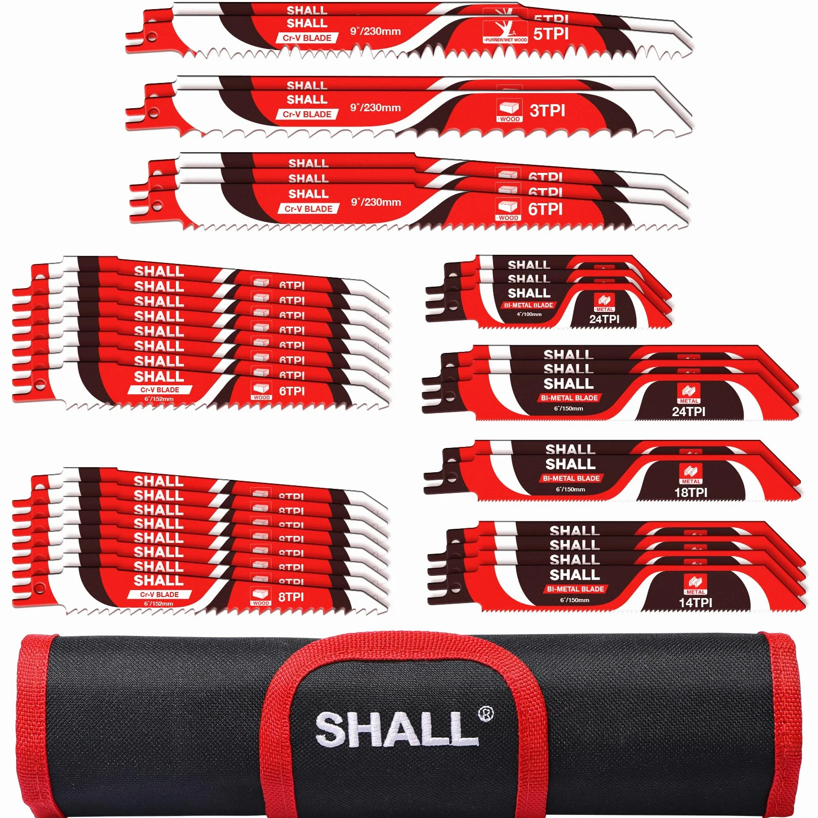 SHALL Lame per sega alternativa (34 pezzi) Kit di lame per sega sostitutiva in acciaio al carburo per potatura di alberi, per legno, metallo e plastica, con custodia